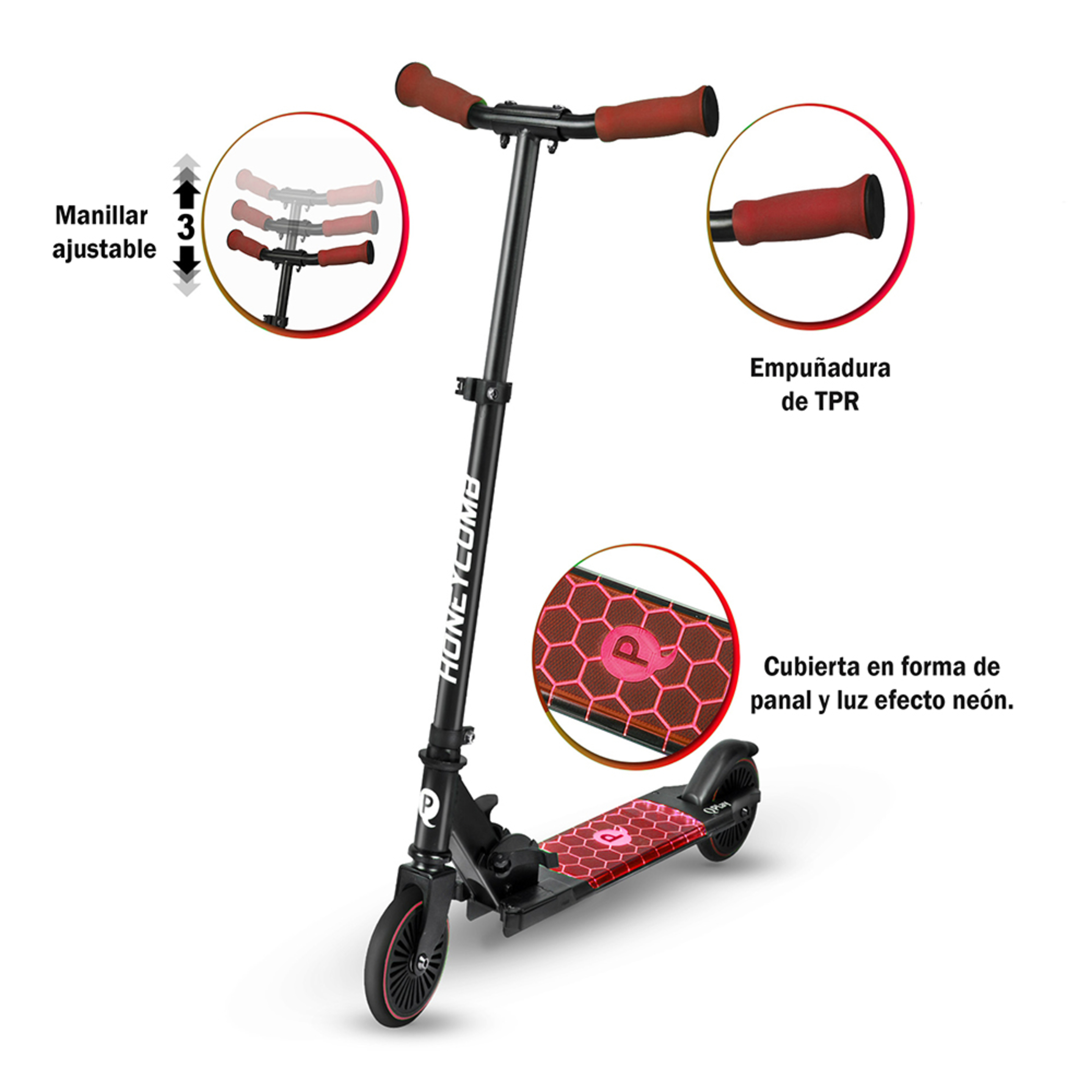 Qplay - Patinete Honey Comb Scooter Con Luces Led Rojo
