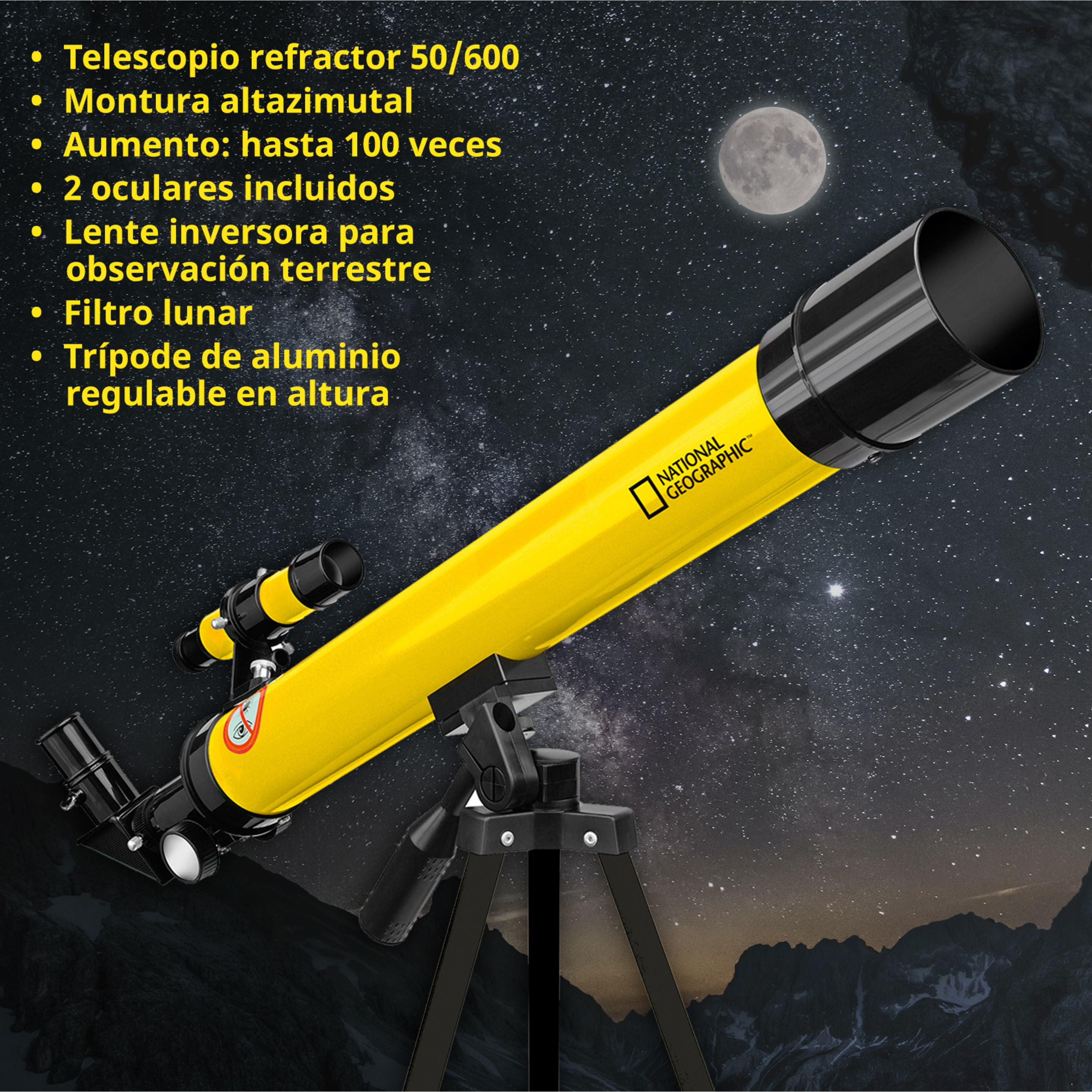 National Geographic 50/600 Telescópio Refractor Com Montagem Altazimutal - Preto/Amarelo | Sport Zone MKP