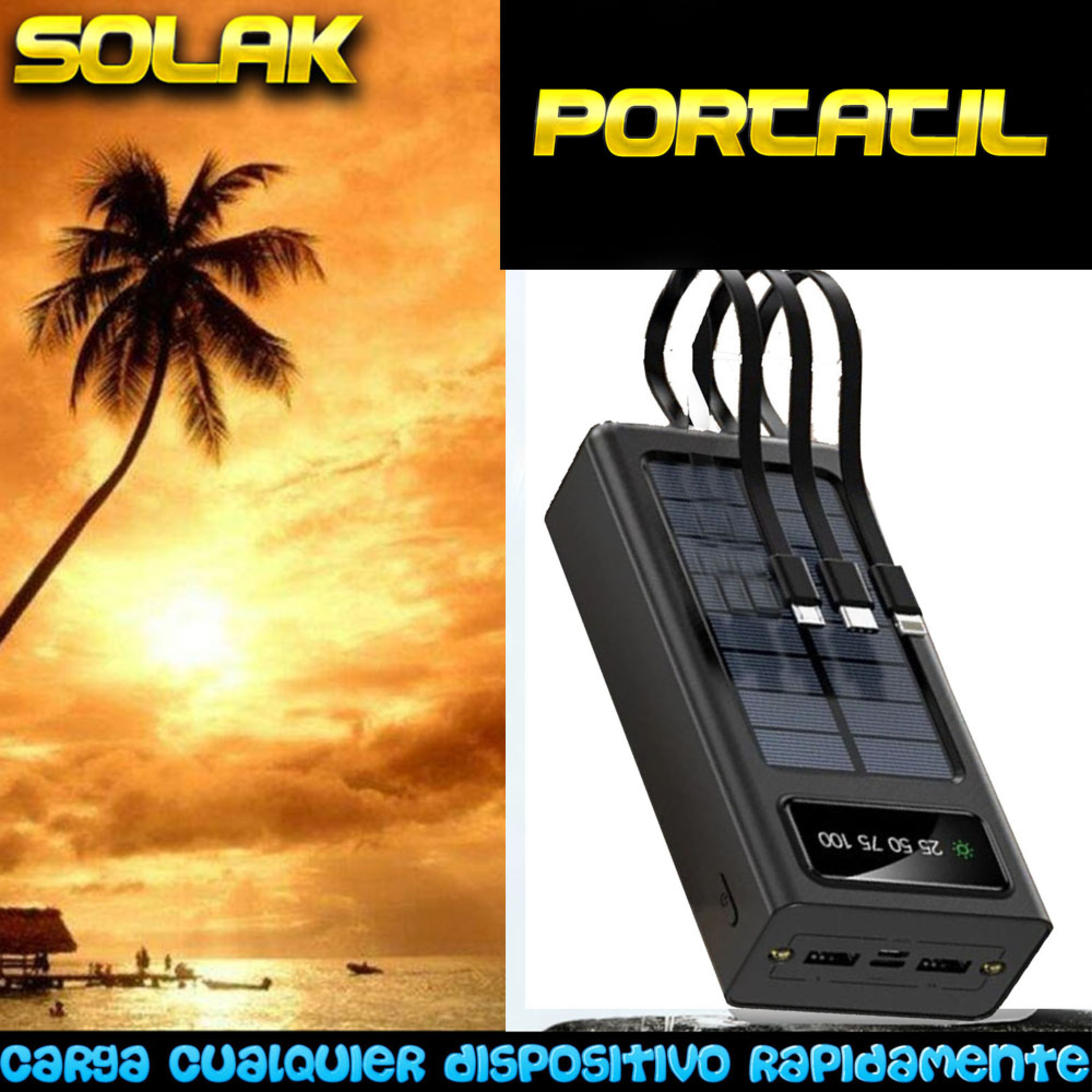 Cargador Solar 20000 Mah Con Linternad Led Bateria Externa Powerbank Potente Portatil - Negro - Para Iphone Samsung Huawei Xiaomi  MKP