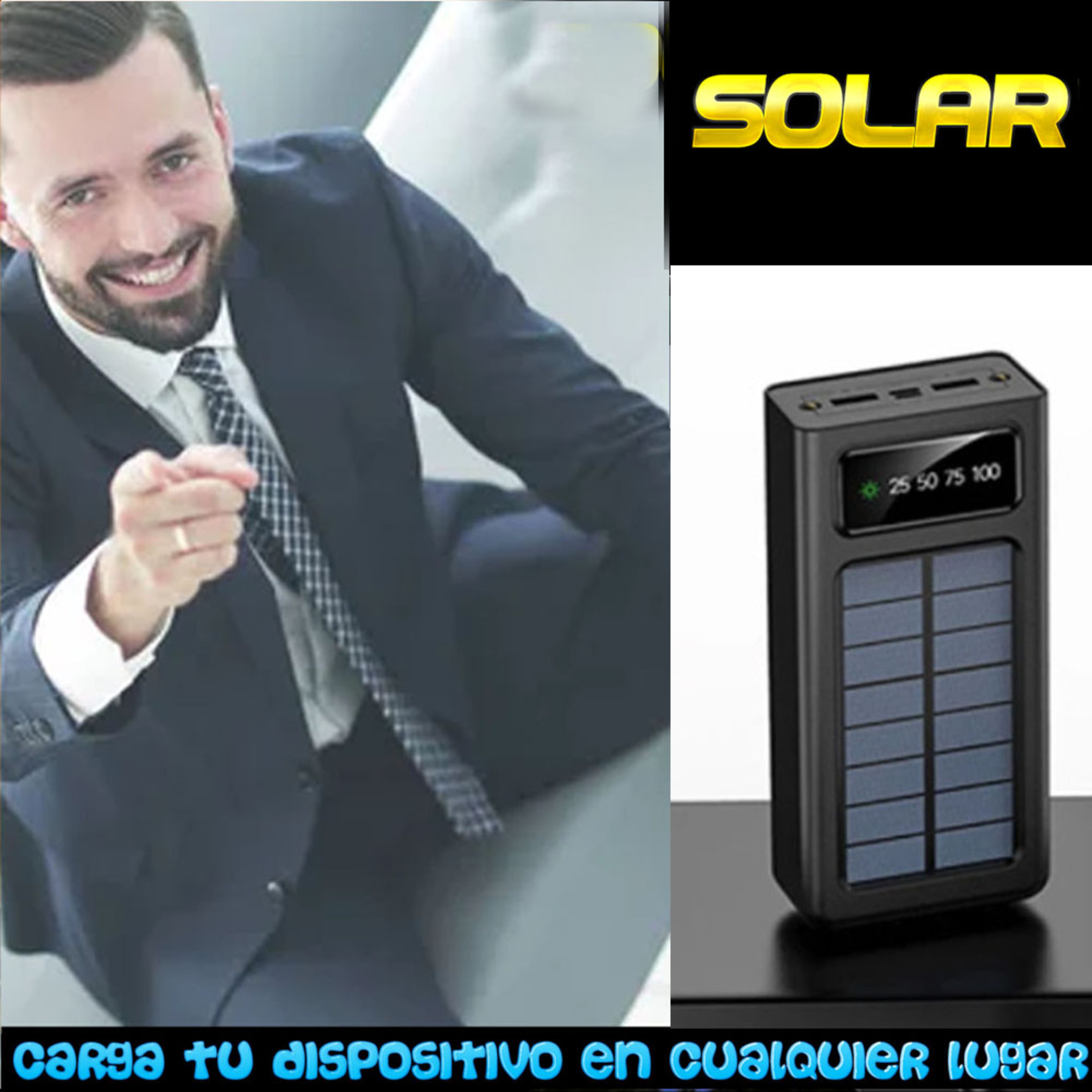 Cargador Solar 20000 Mah Con Linternad Led Bateria Externa Powerbank Potente Portatil - Negro - Para Iphone Samsung Huawei Xiaomi  MKP