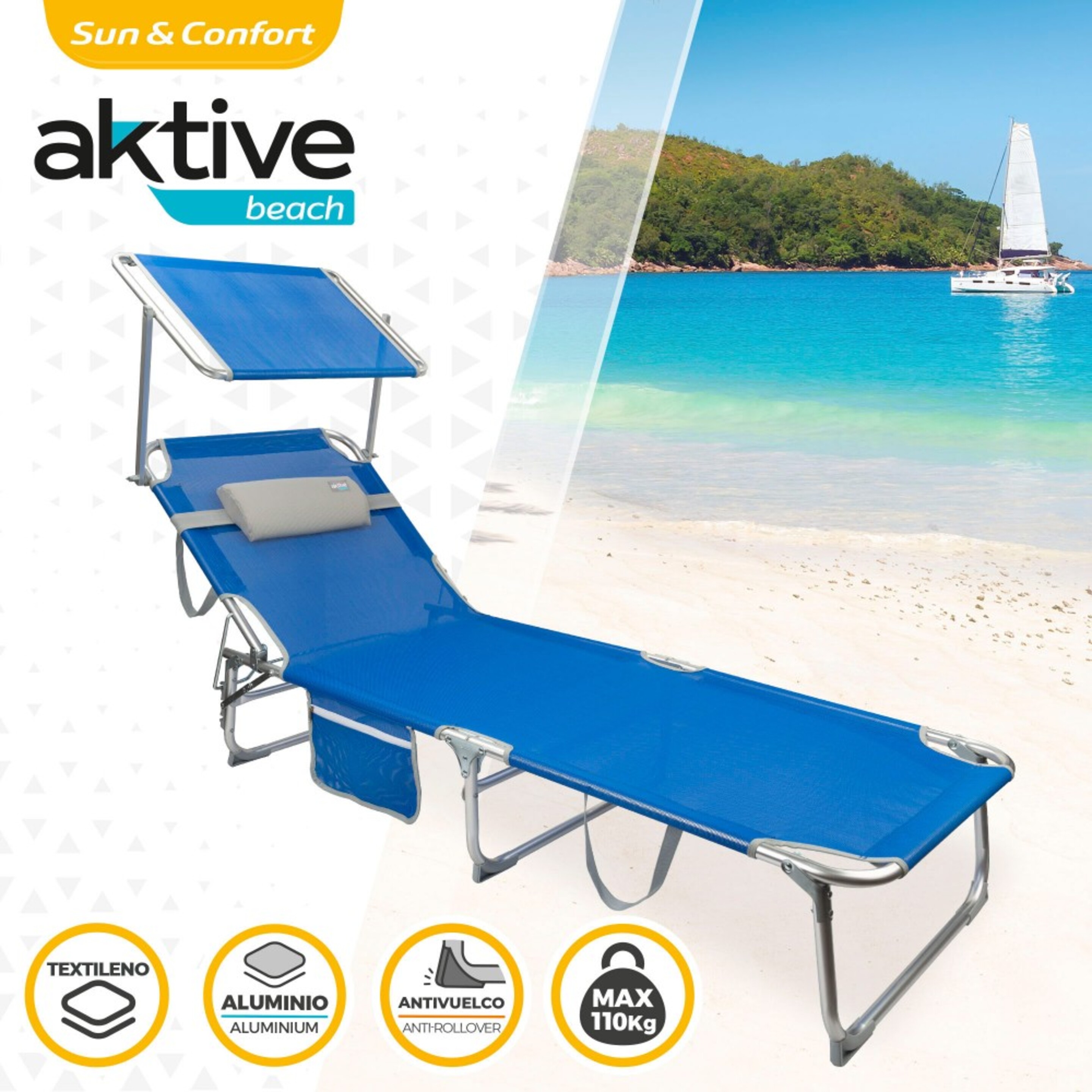 Tumbona Plegable Con Parasol Y Cojín Aktive Beach - Tumbona De Playa Aktive  MKP