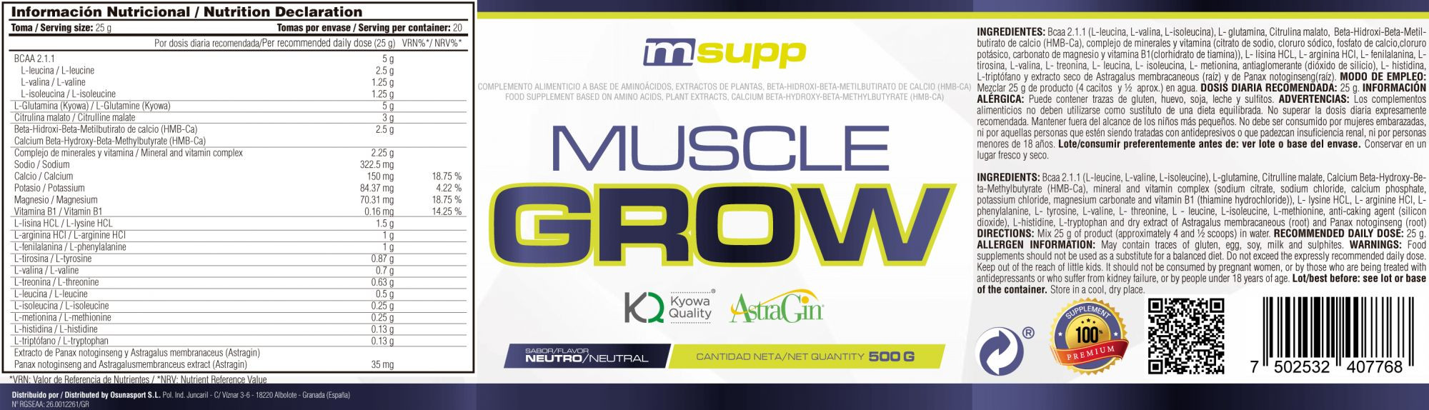 Mg Amino Muscle Grow - 500g De Mm Supplements Sabor Neutro