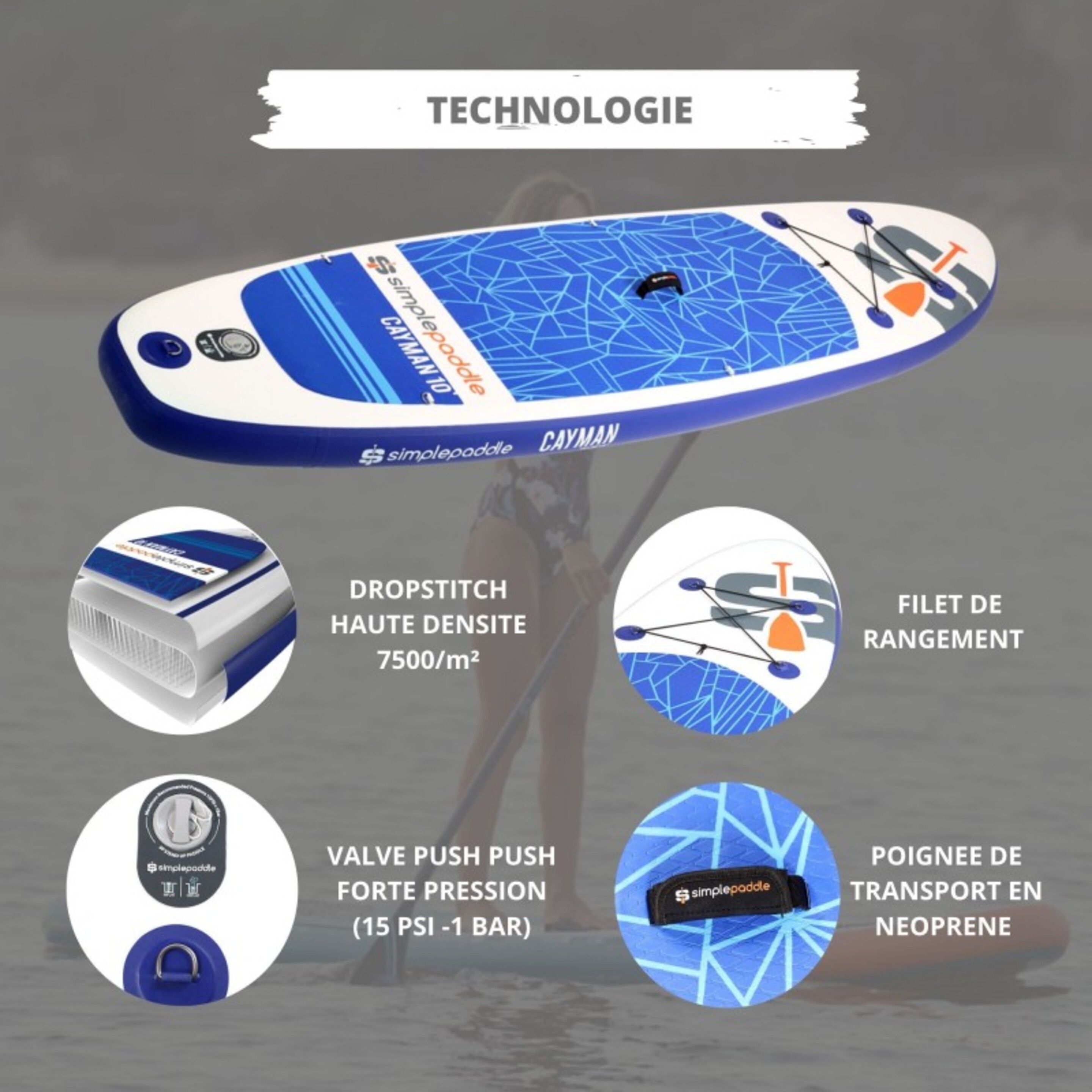 Paddle Hinchable Cayman 10' + Accesorios 300 X 76 X 15 Cm - Azul - ¡ Para Disfrutar Durante Horas !  MKP
