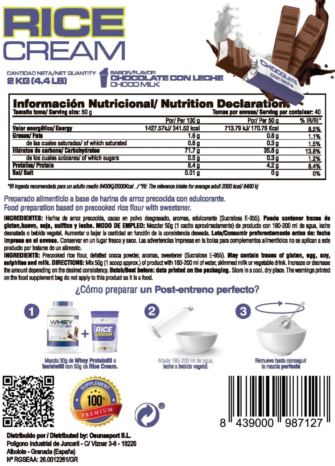Rice Cream (crema De Arroz Precocida) - 2kg De Mm Supplements Sabor Chocolate Con Leche