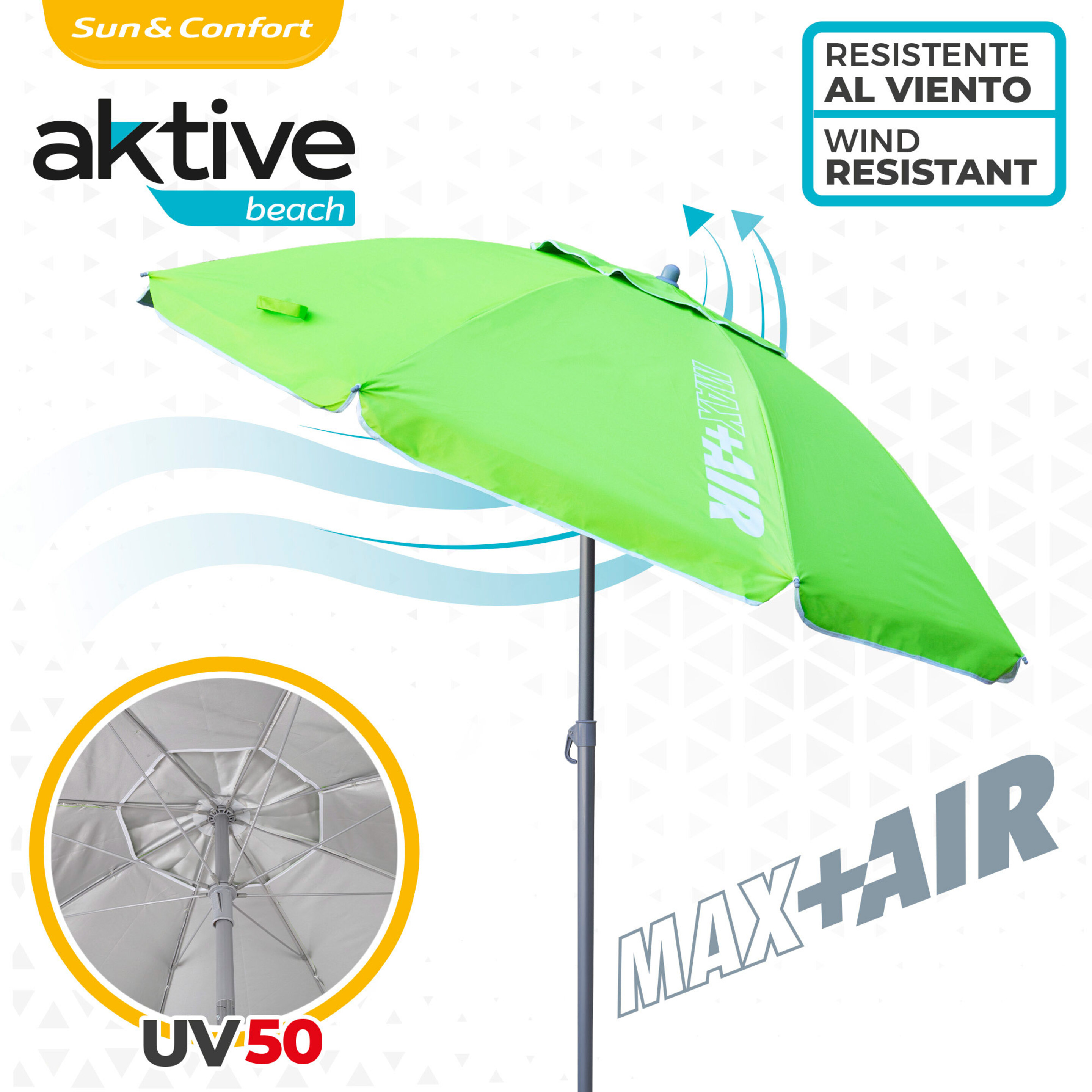 Sombrilla Playa Antiviento ø220 Cm C/mástil Reclinable Y Protección Uv50 Aktive