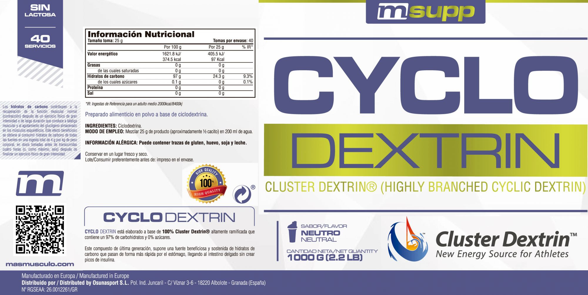 Ciclodextrina (cluster Dextrin) - 1kg De Mm Supplements Sabor Neutro