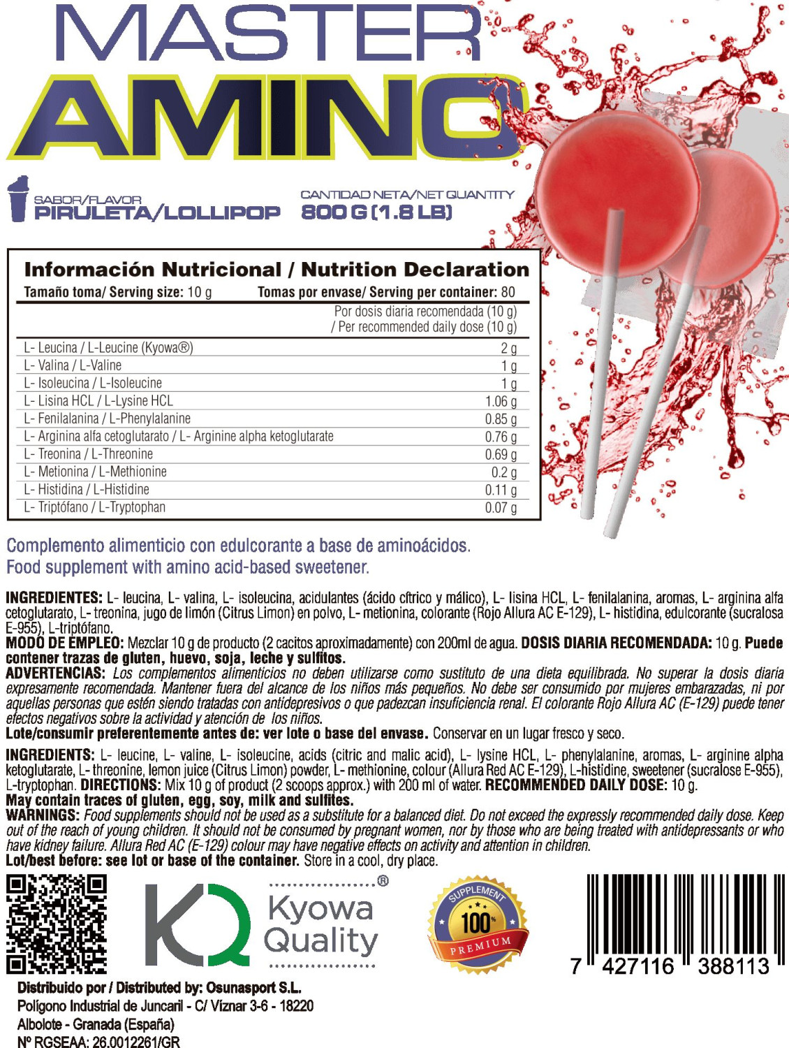 Master Amino - 800g De Mm Supplements Sabor Lollipop  MKP