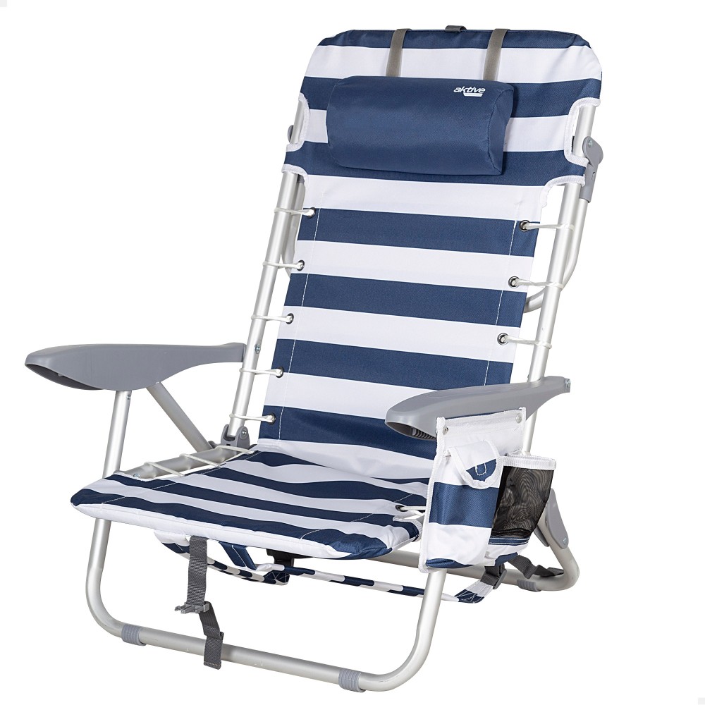 Cadeira Baixa Com Alça De Mochila De Praia 4 Posições Listras Com Almofada E Bolso Aktive - azul - 