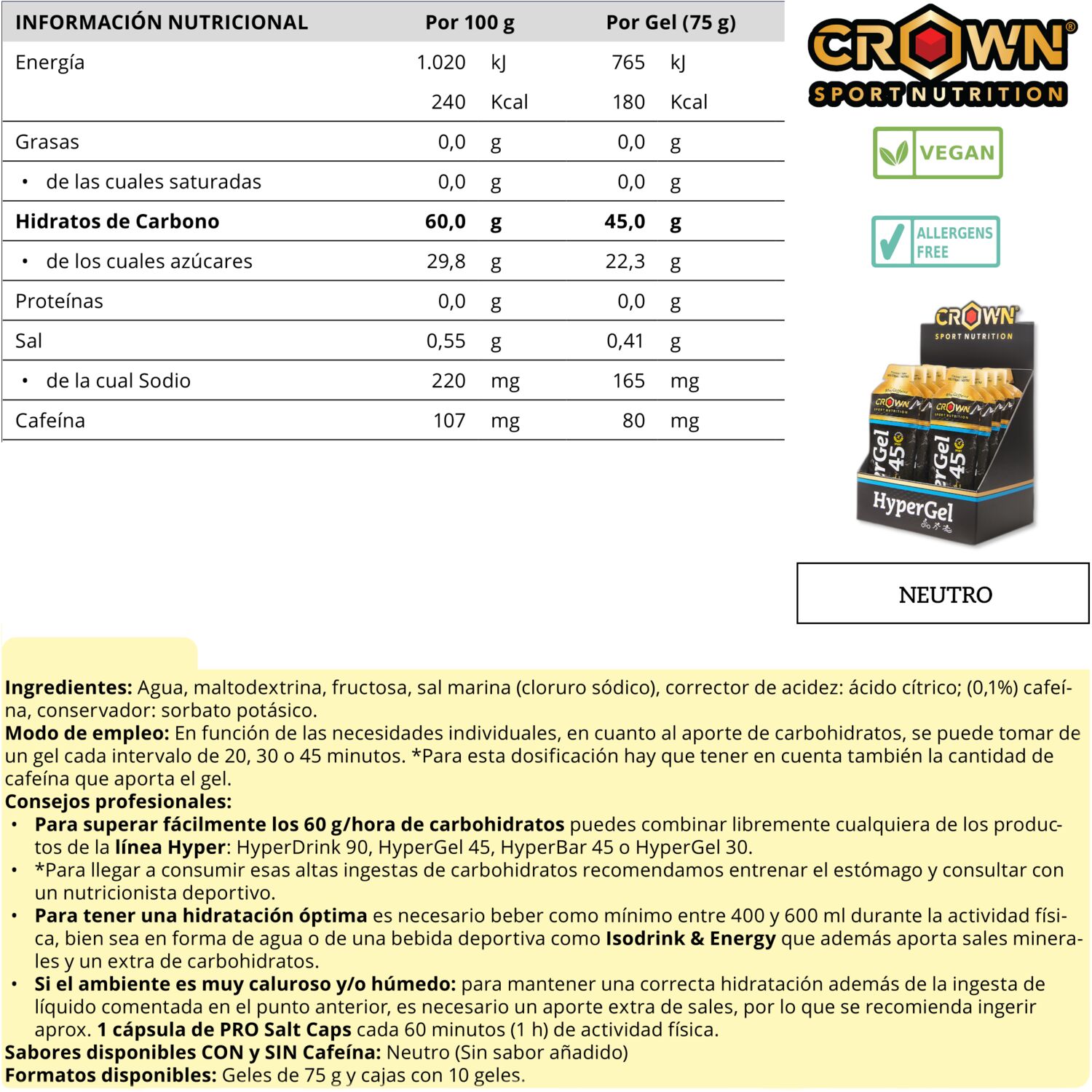 Gel Energético De 45g Línea Hyper Crown Sport Nutrition Neutro Con Cafeína - 45 G Cho 1:0,8 Y Sodio  MKP