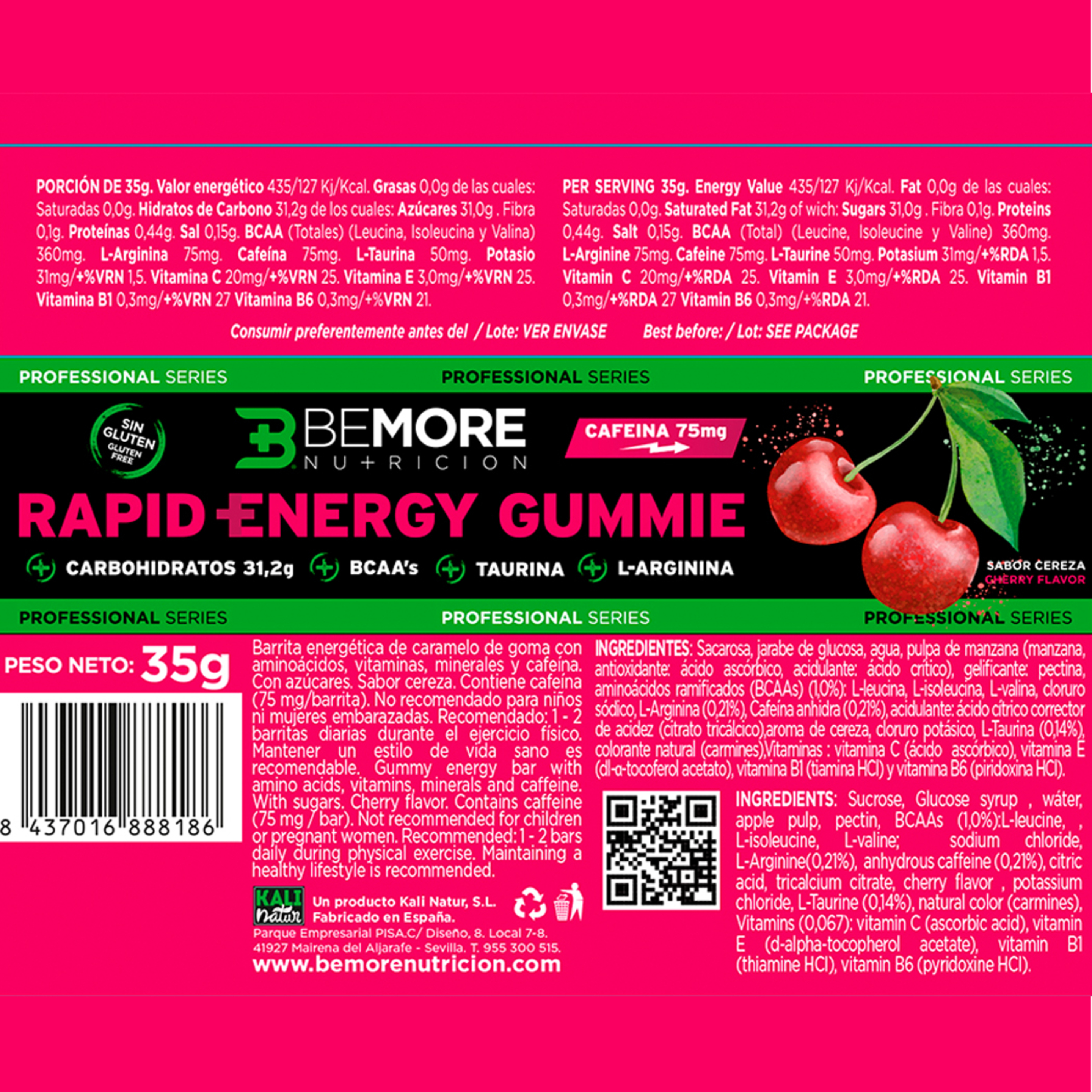 Rapid +energy Gummie Bar Con Cafeína Y Taurina. Sin Alérgenos. Sabor Cereza. Caja 24 Unidades