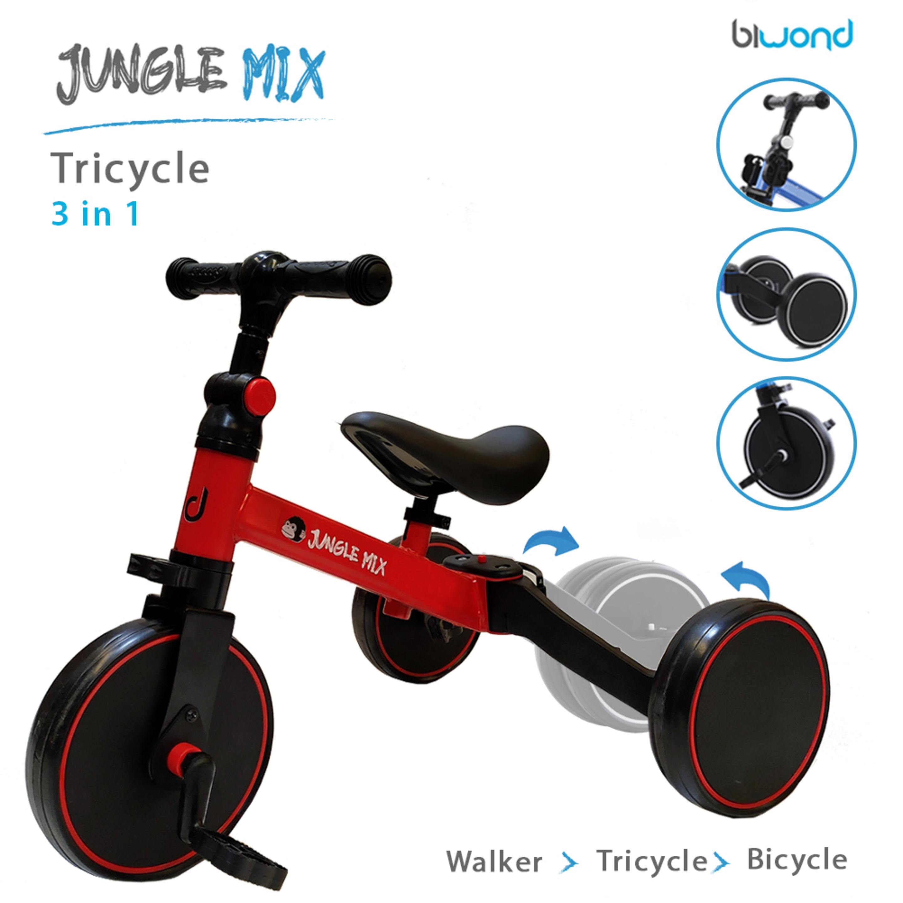 Triciclo Infantil Convertible 3 En 1 Jungle Mix Rojo Biwond
