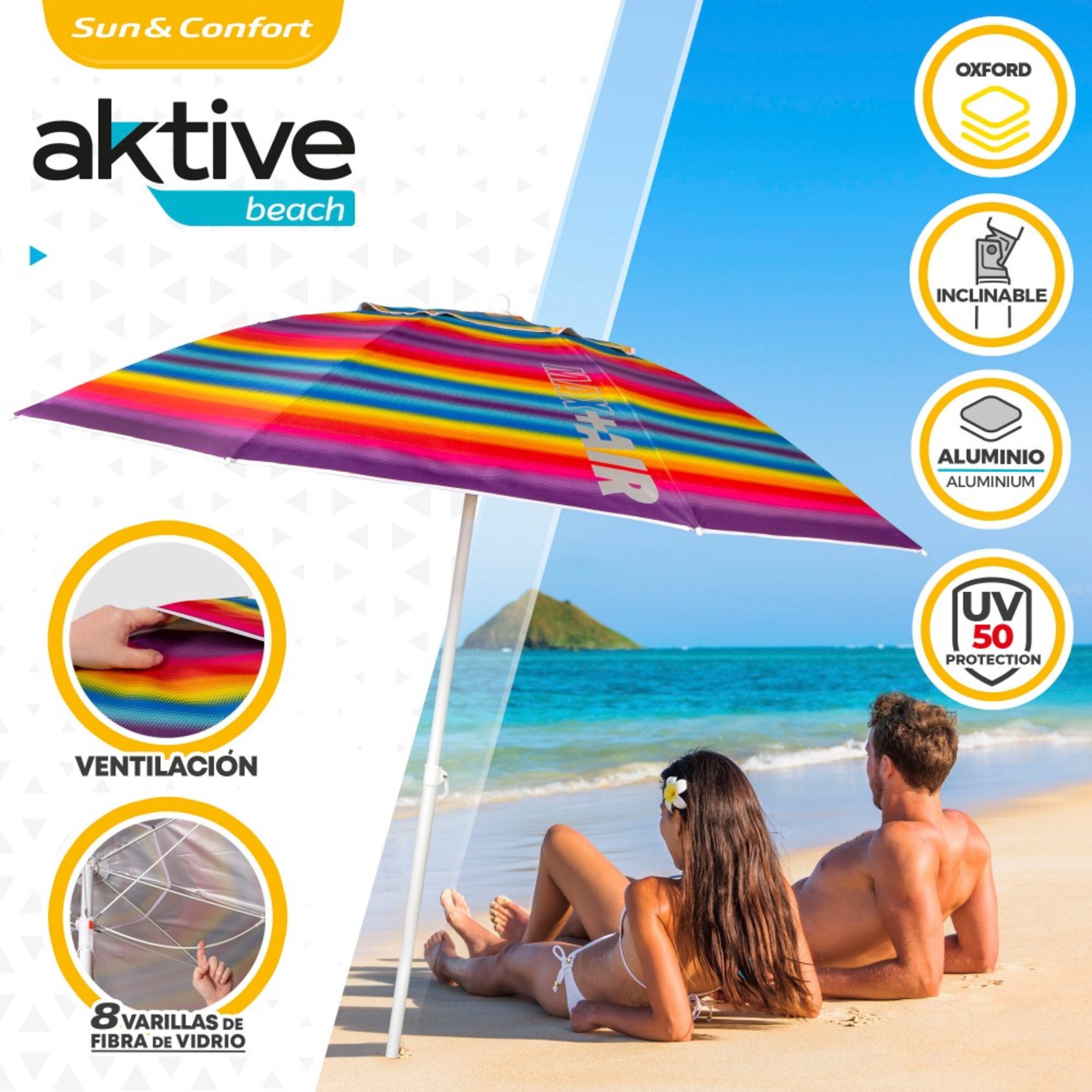 Guarda-sol De Praia Teto Ventilado De 200 Cm + Proteção Uv50 Aktive Beach - Multicor | Sport Zone MKP