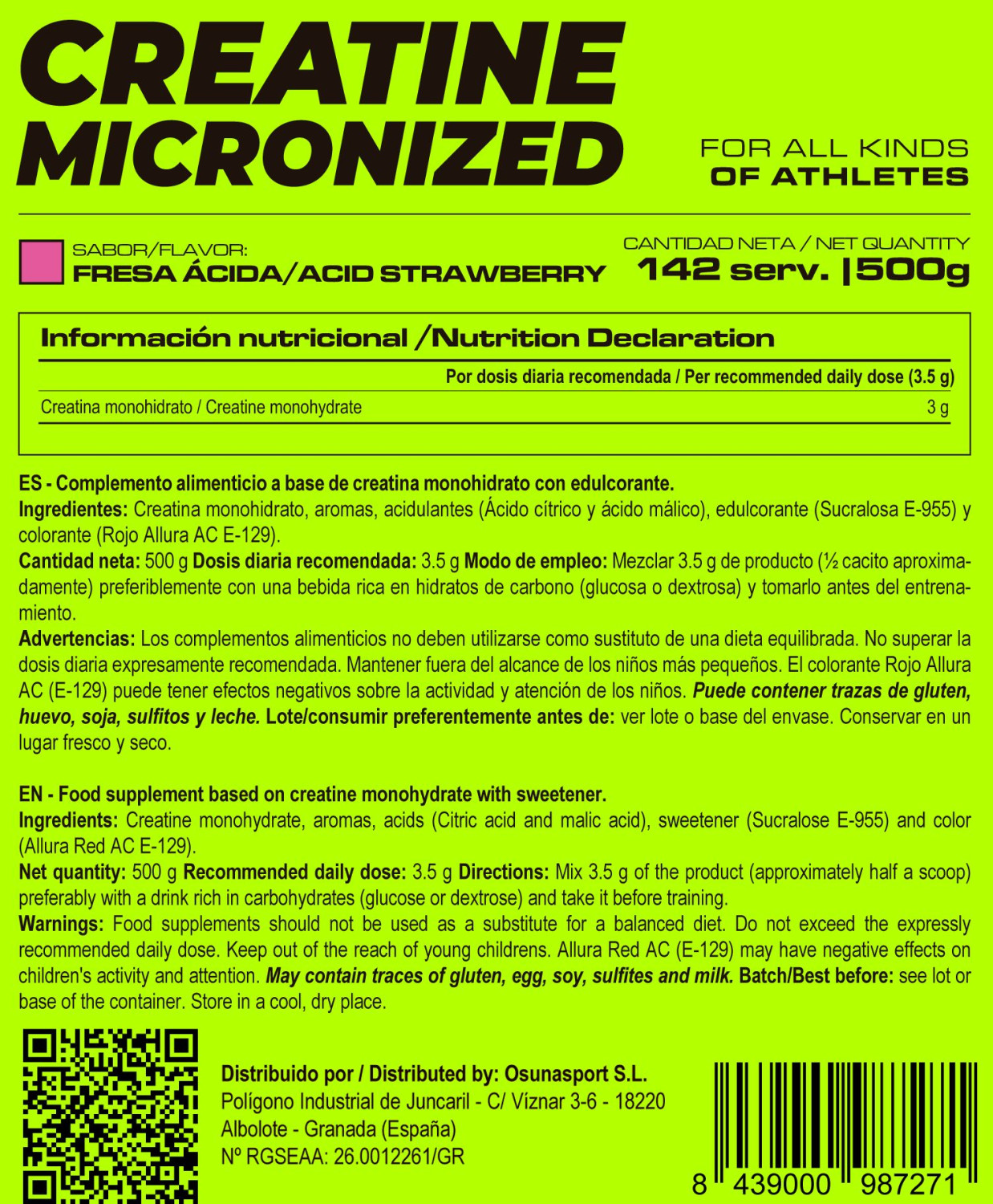 Creatina Micronizada 200 Mesh - 500g De Masmusculo Fit Line Sabor Fresa Acida  MKP