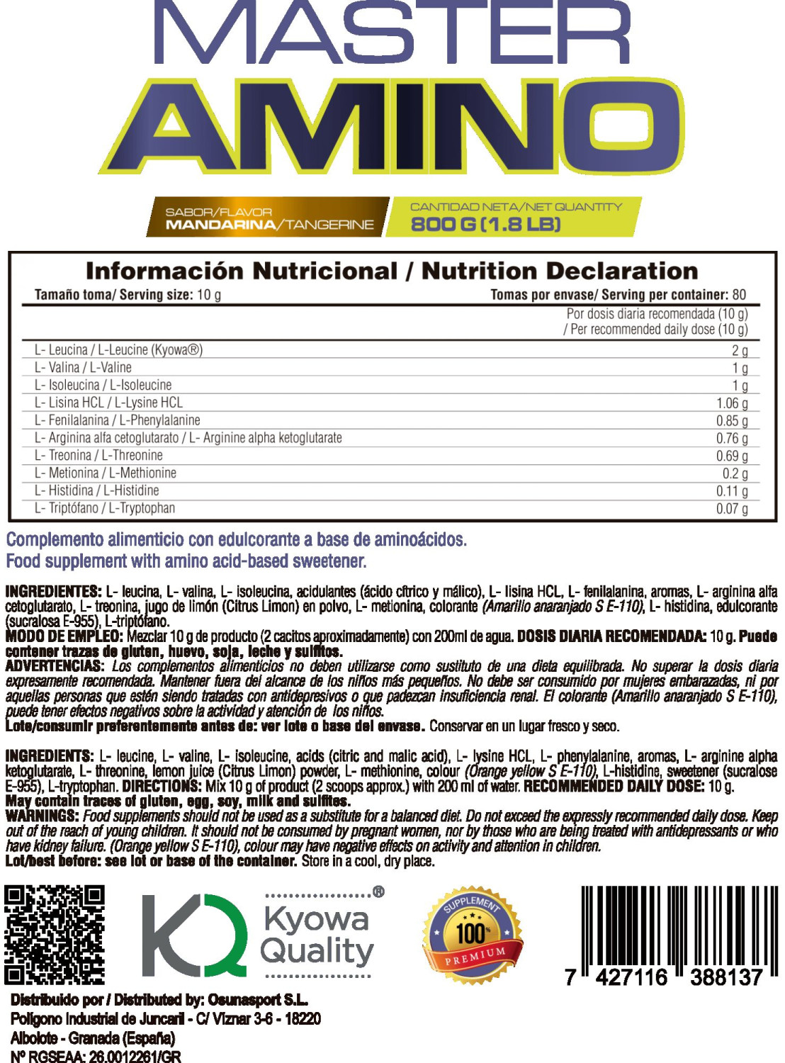 Master Amino - 800g De Mm Supplements Sabor Mandarina  MKP