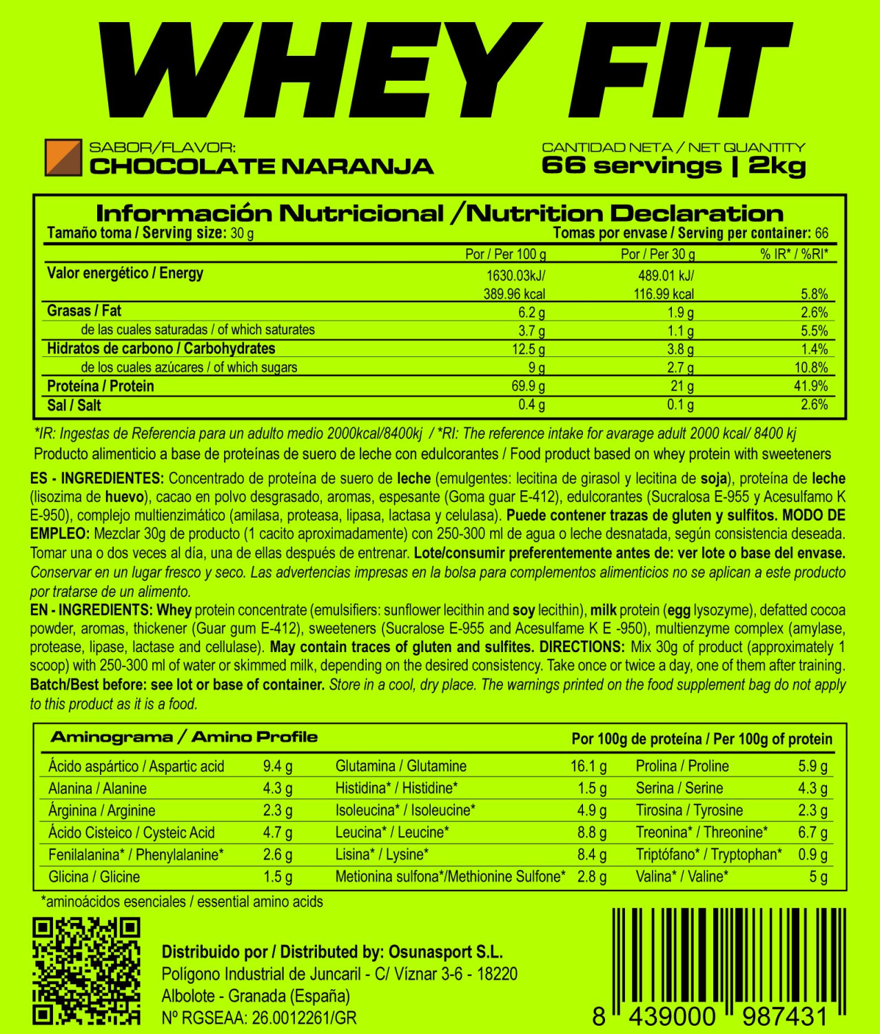 Whey Fit - 2kg De Masmusculo Fit Line Sabor Chocolate Con Naranja