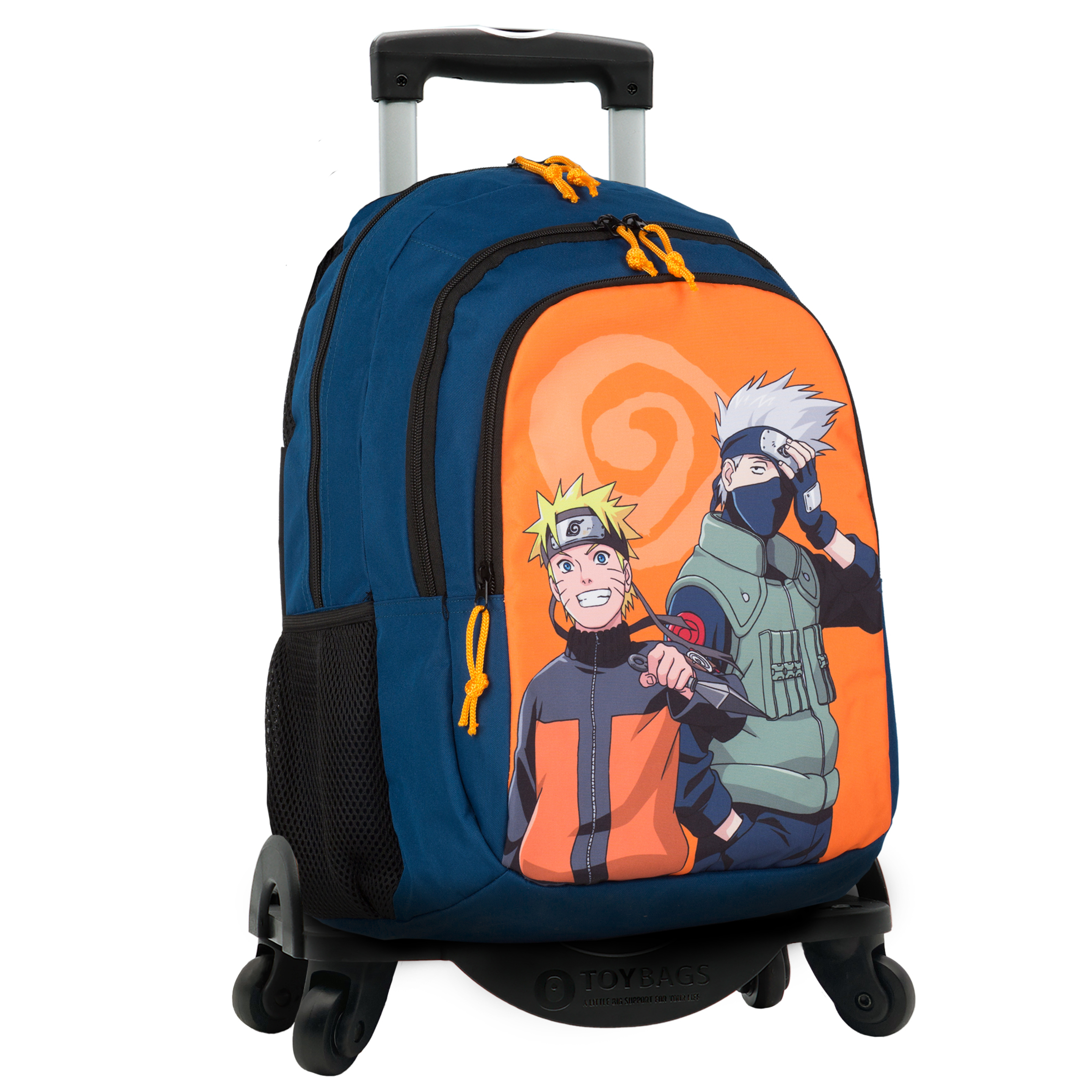 Mochila Escolar Naruto Compartimento Duplo + Toybags Carrinho 4 Rodas Giratórias 360º - azul-naranja - 