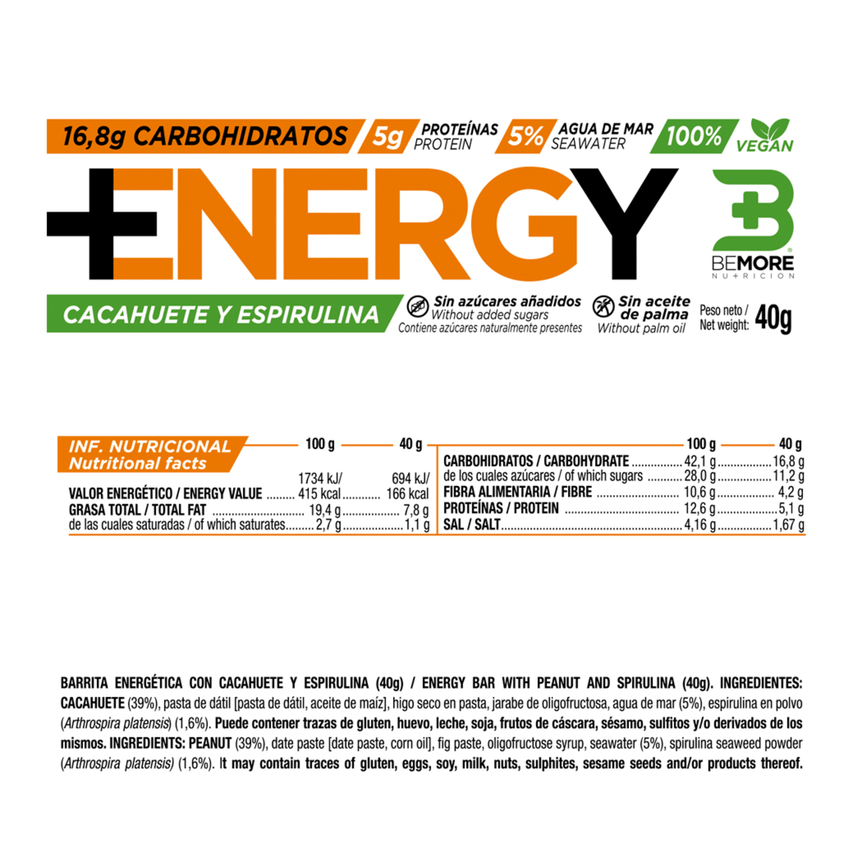 Barrita Energética Natural +energy Cacahuete Y Espirulina ¡sin Azúcares Añadidos! 40g