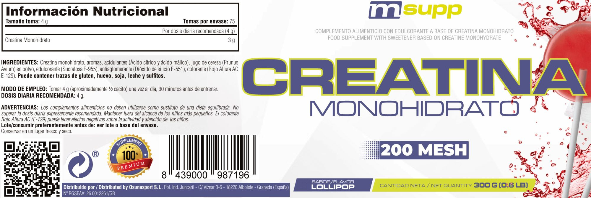 Creatina 200 Mesh - 300g De Mm Supplements Sabor Lollipop  MKP