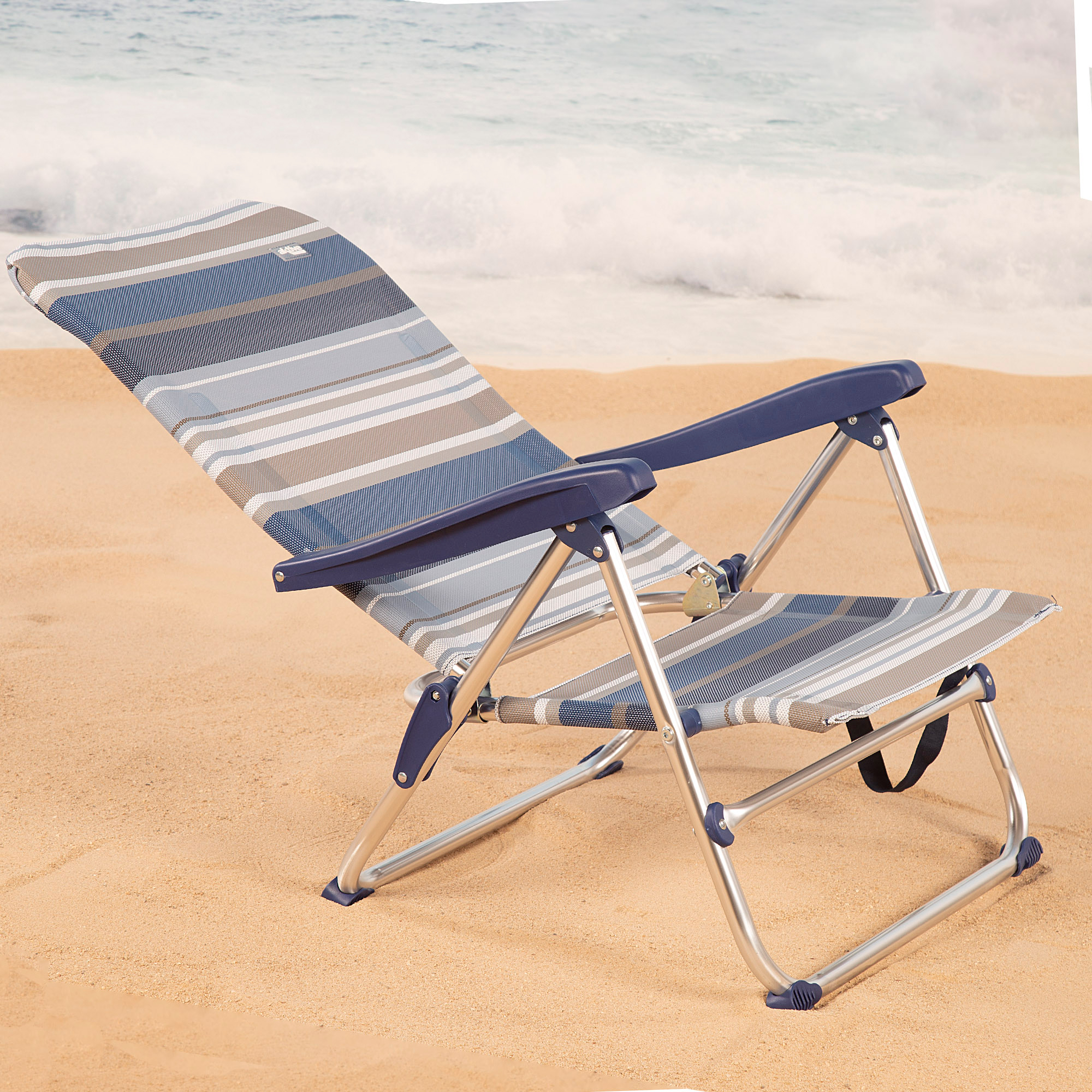 Cadeira De Praia Baixa Dobrável De 5 Posições Com Listras Azuis E Cinza Aktive