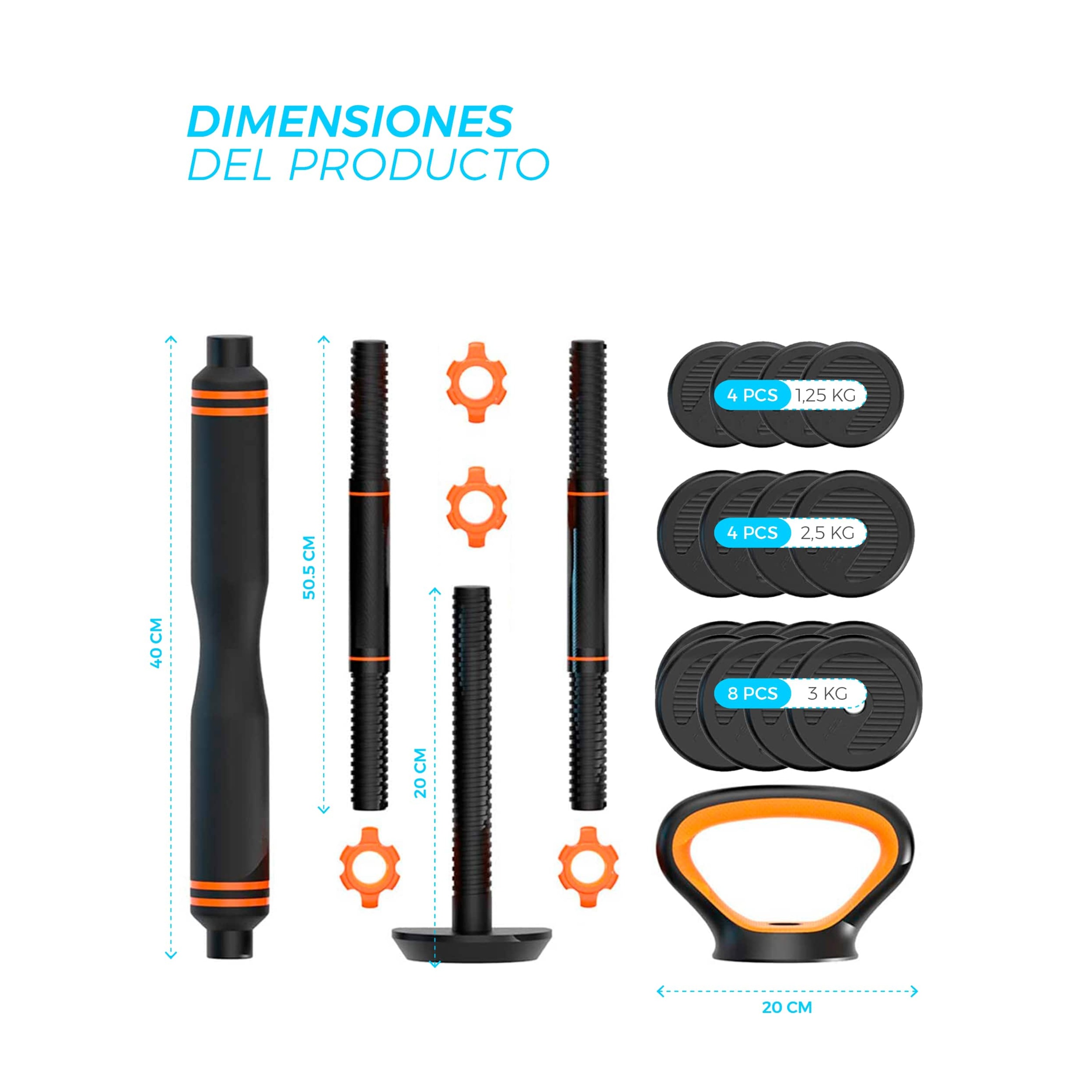 Kit De Pesos 40kg Xiaomi Fed: Halteres (pesos + Barras) + Barra + Kettlebell