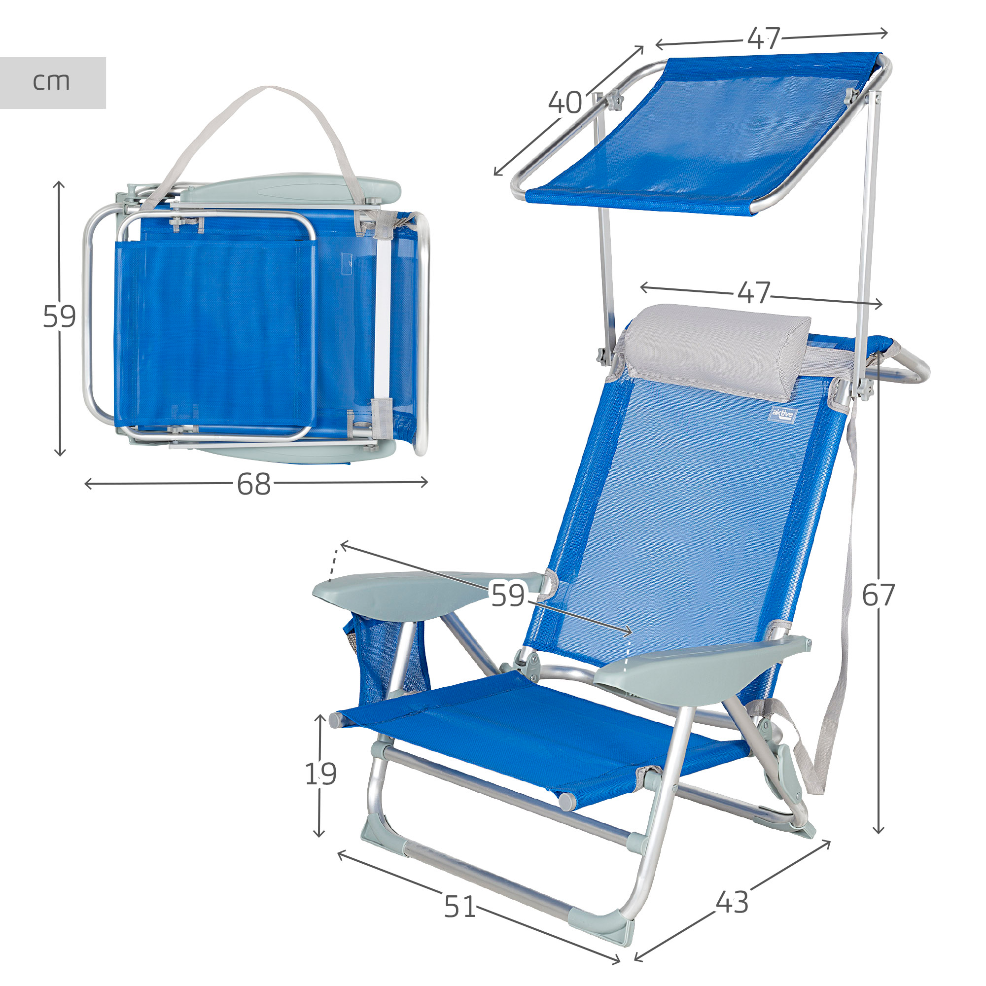 Cadeira De Praia Com Guarda-chuva, Almofada E Bolso Aktive Azul