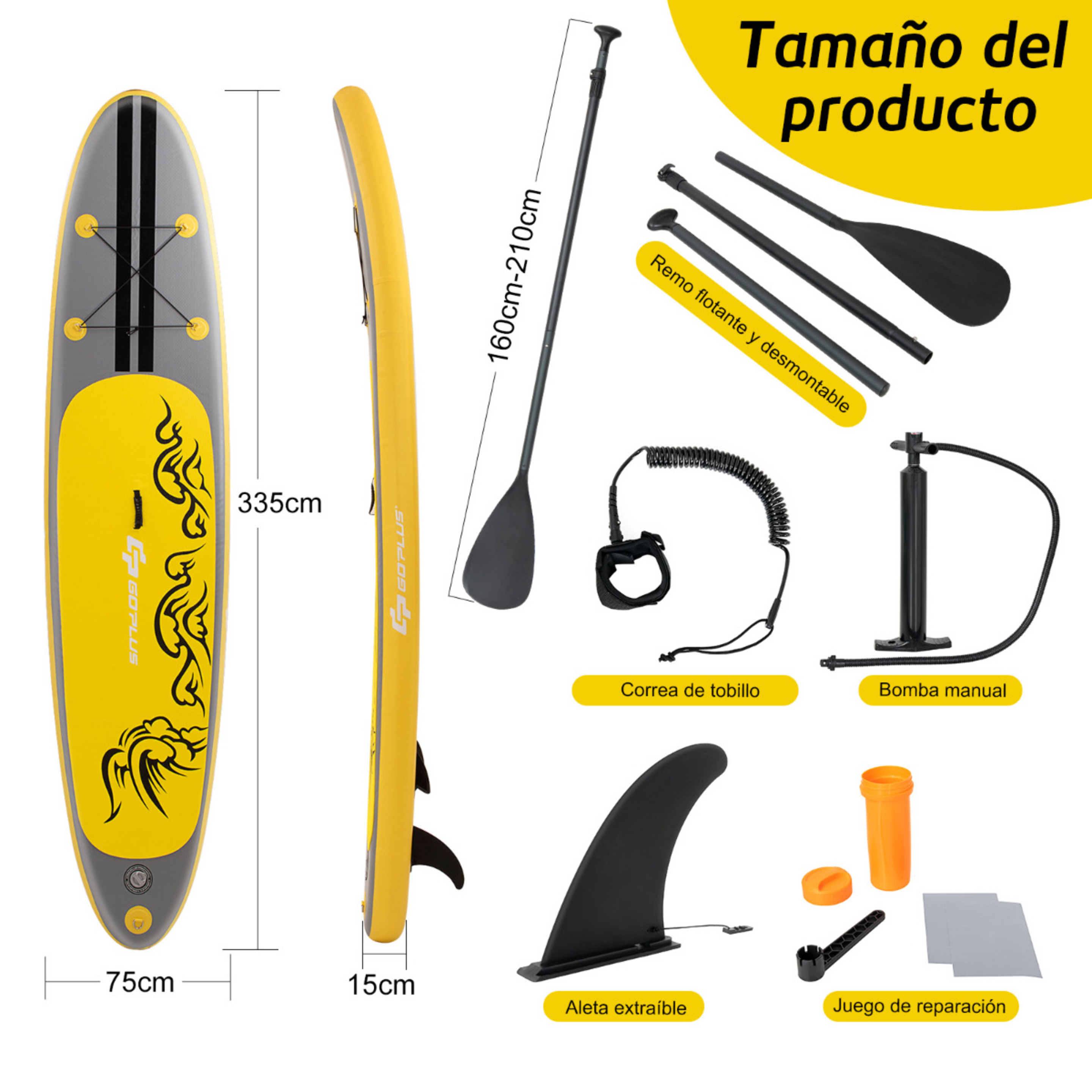 Costway Tabla De Surf Inflable Tabla De Stand Up Paddle Sup Board 335 X 75 X 15 Cm - Gris/Amarillo - Tabla De Surf  MKP