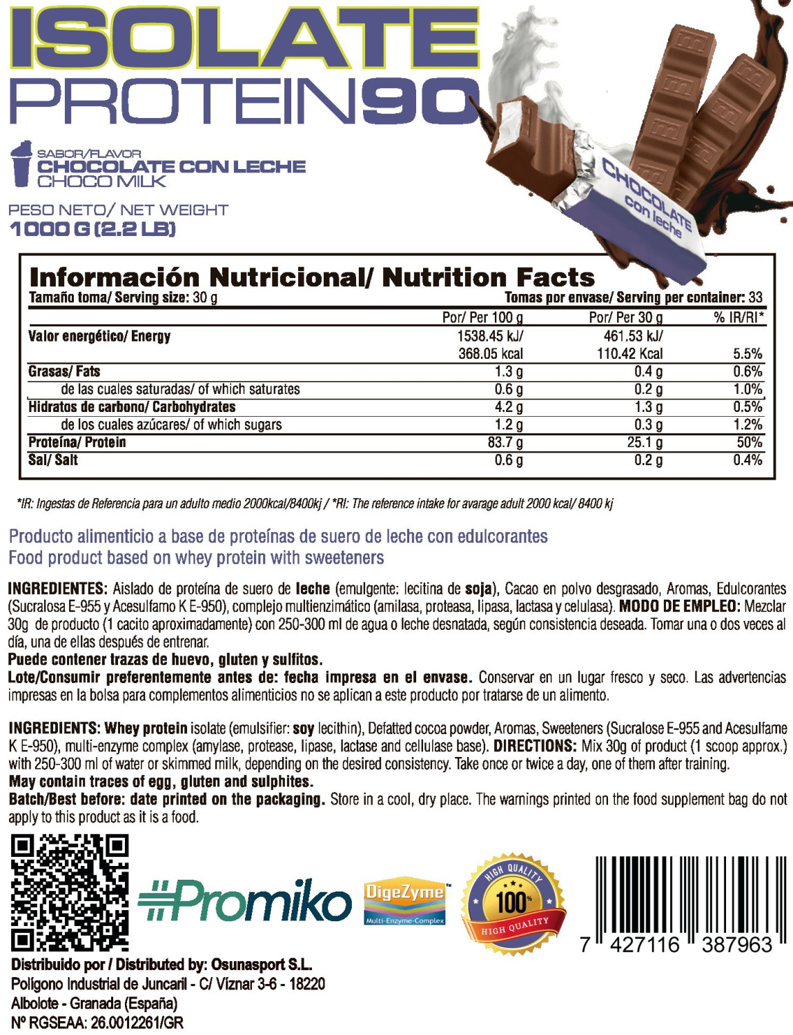 Isolate 90 Cfm - 1kg De Mm Supplements Sabor Chocolate Con Leche