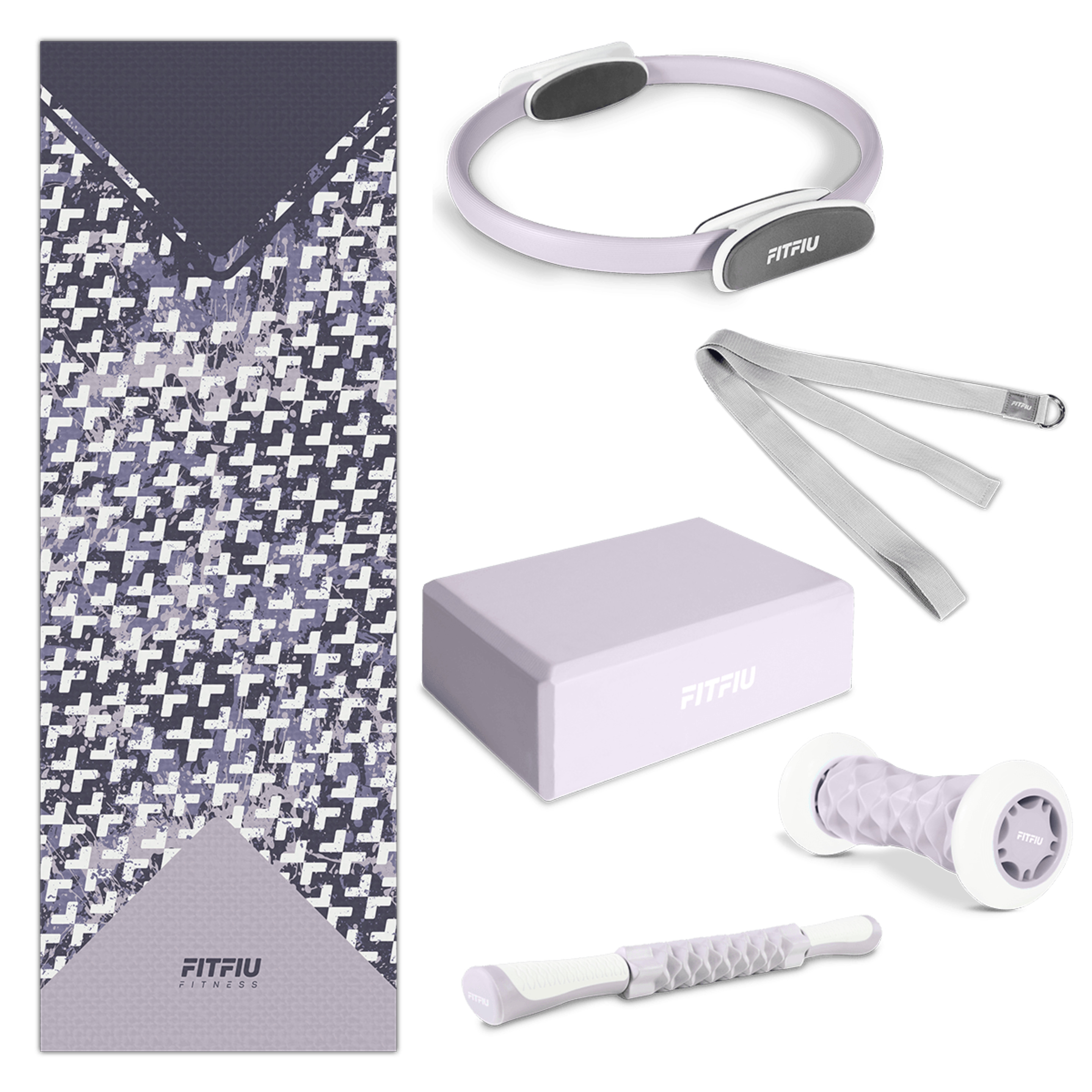 Pack Accesorios Yoga Pilates Lila Fitfiu Esterilla, Aro, Bloque, Barra, Correa