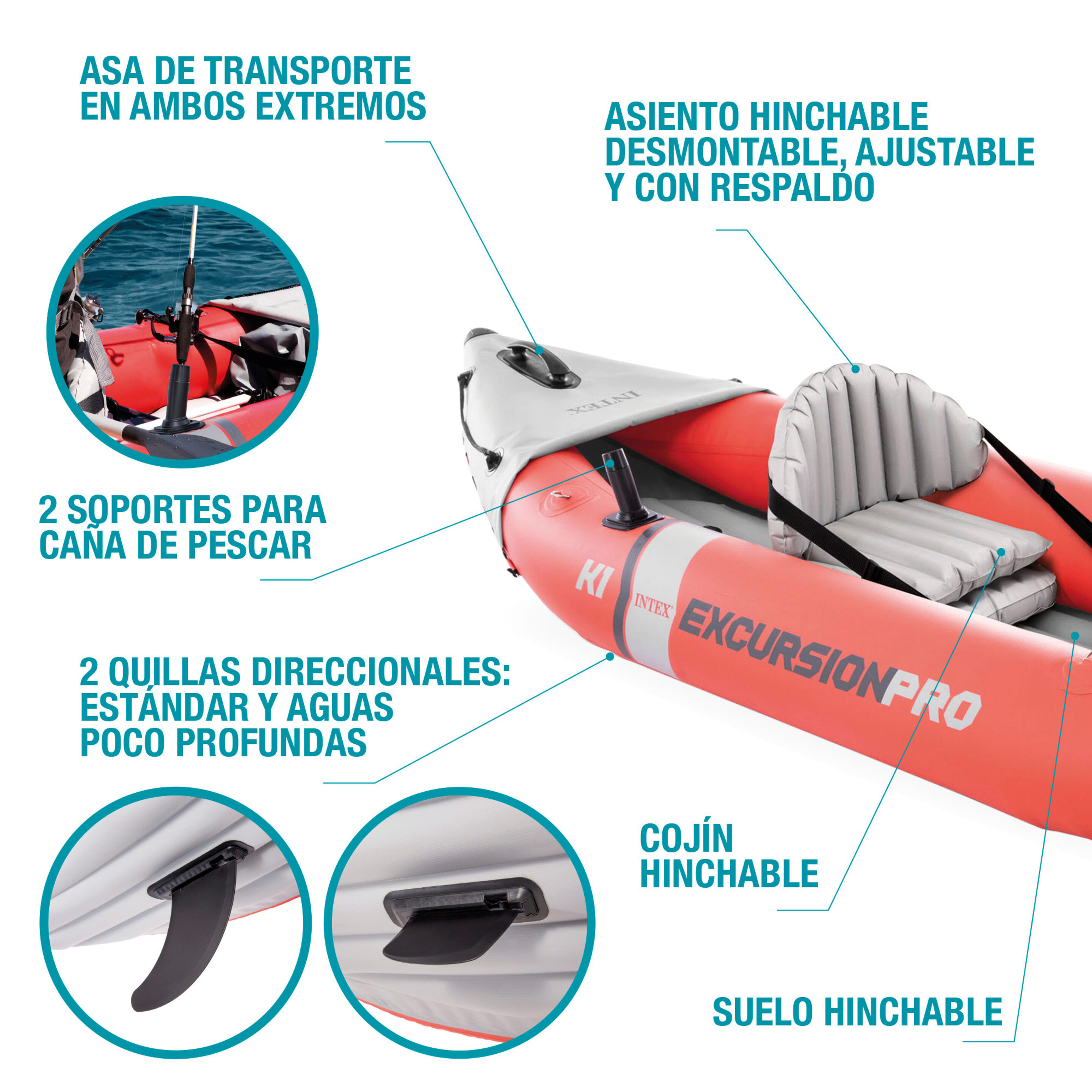 Kayak Hinchable Intex K1 Excursion Pro 1 Remo + Hinchador - Rojo - Kayak individual  MKP