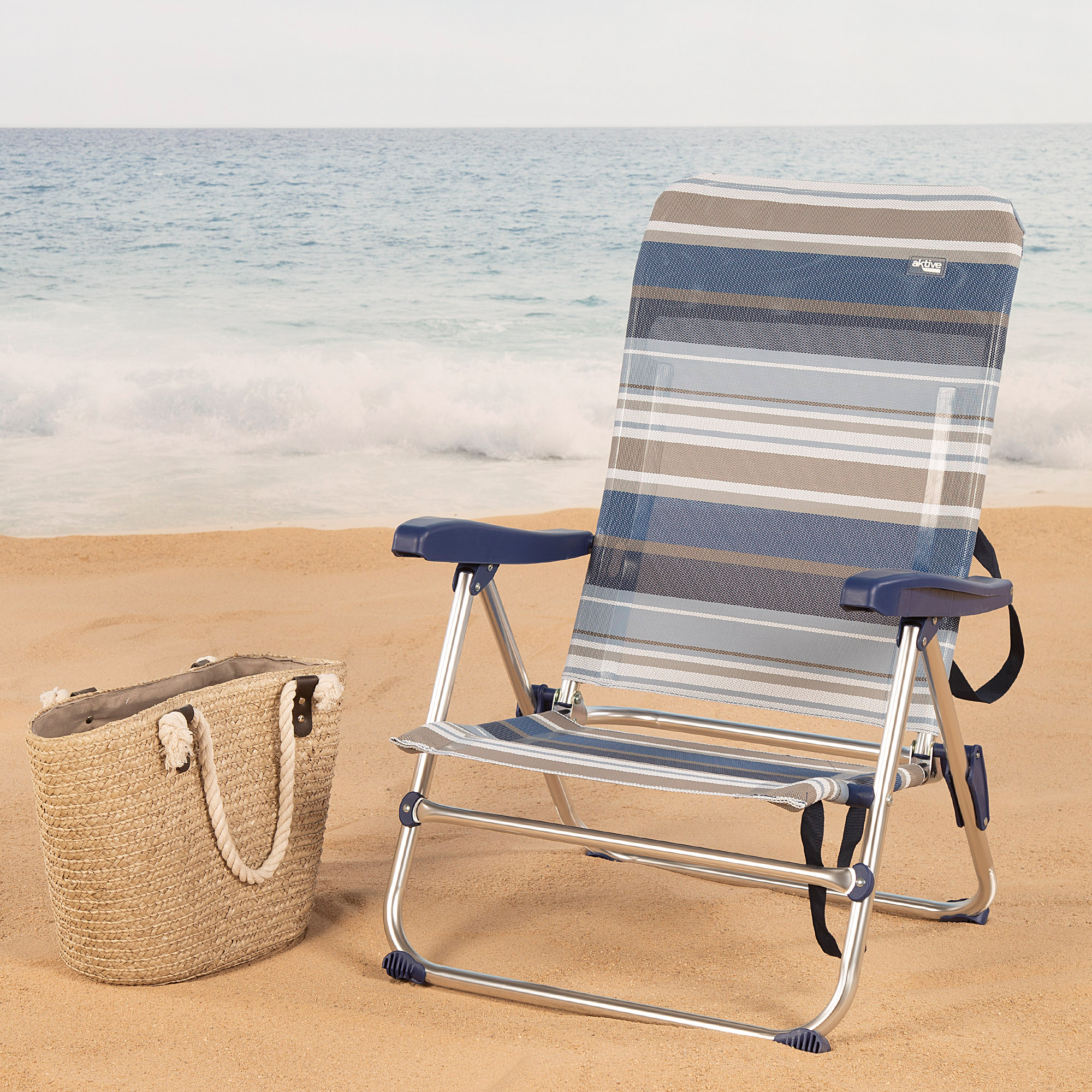 Cadeira De Praia Baixa Dobrável De 5 Posições Com Listras Azuis E Cinza Aktive