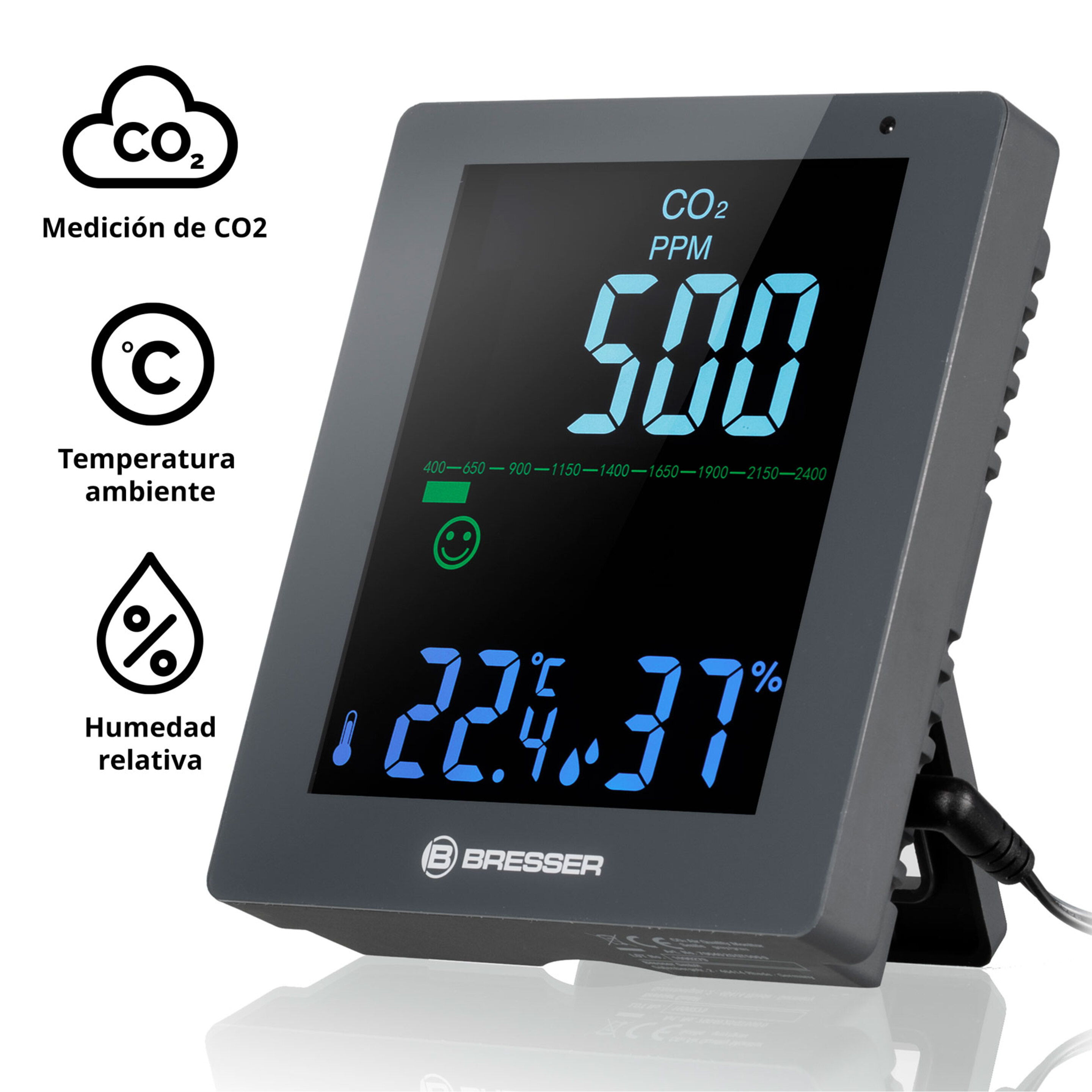 Medidor Detector De Concentración De Co2 Modelo Smile Para Asegurar Una Correcta Calidad Del Aire - gris - 