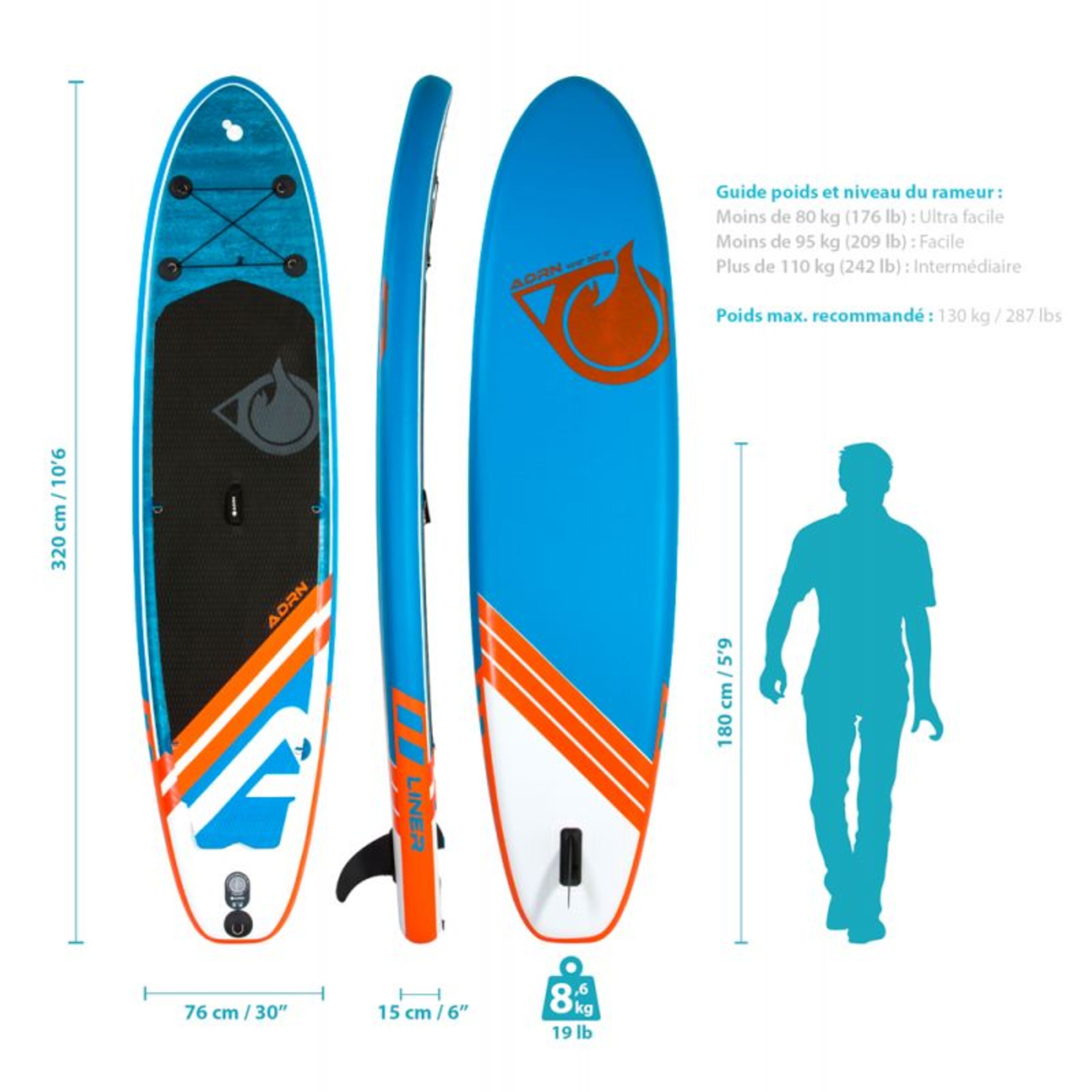 Paddle Hinchable Liner 10'6 + Accesorios 320 X 76 X 15 Cm - Azul - Paddle Surf  MKP