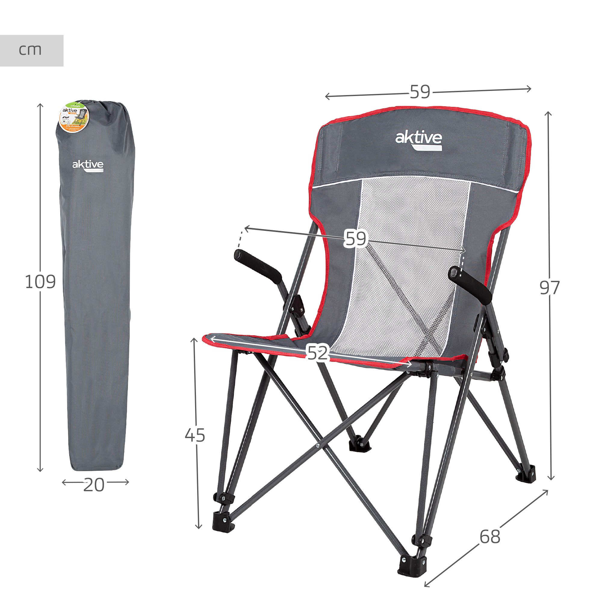 Cadeira De Campismo Dobrável Antitombo Cinza Com Braços Removíveis Aktive