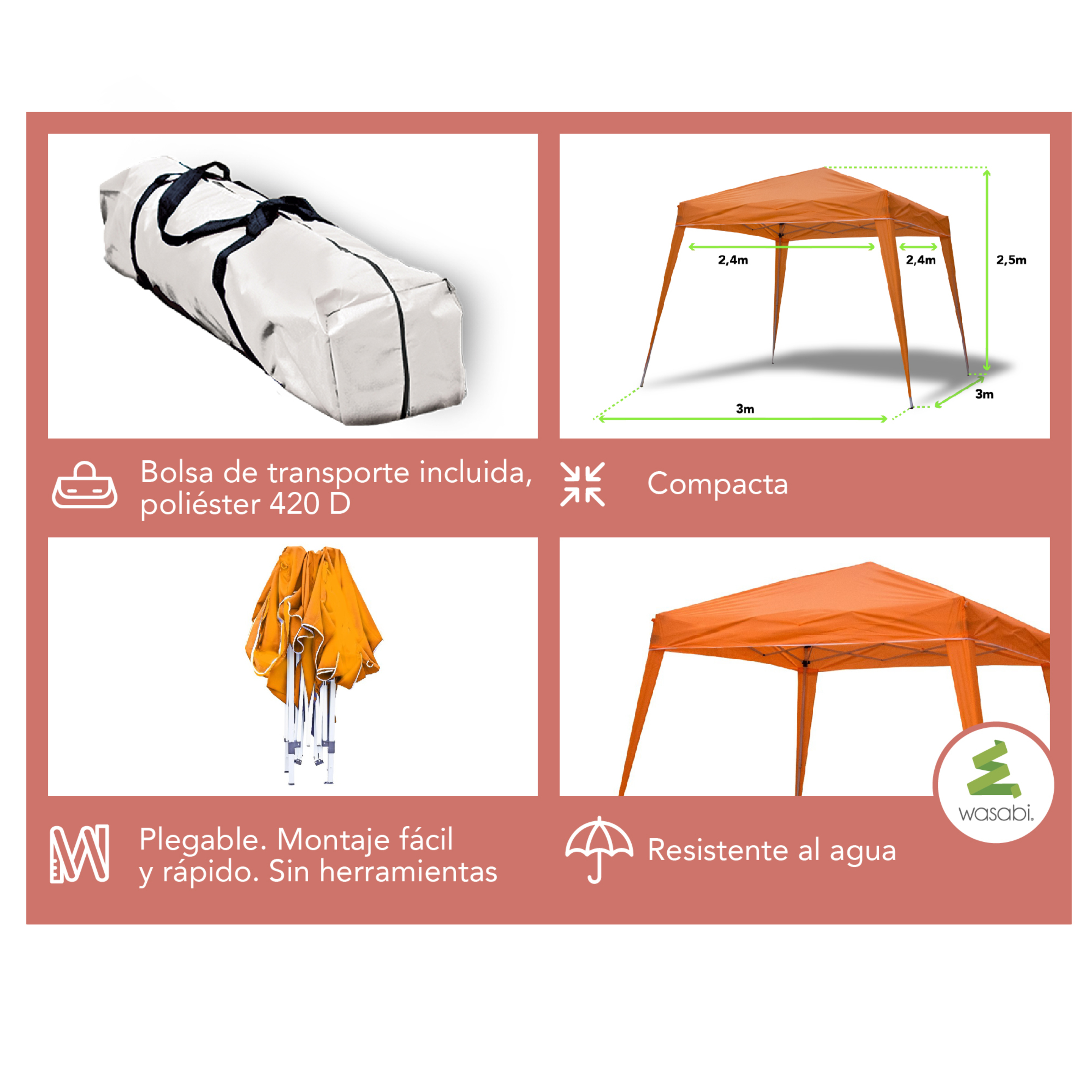 Carpa Wasabi Compact 3x3m De Aluminio Plegable Naranja