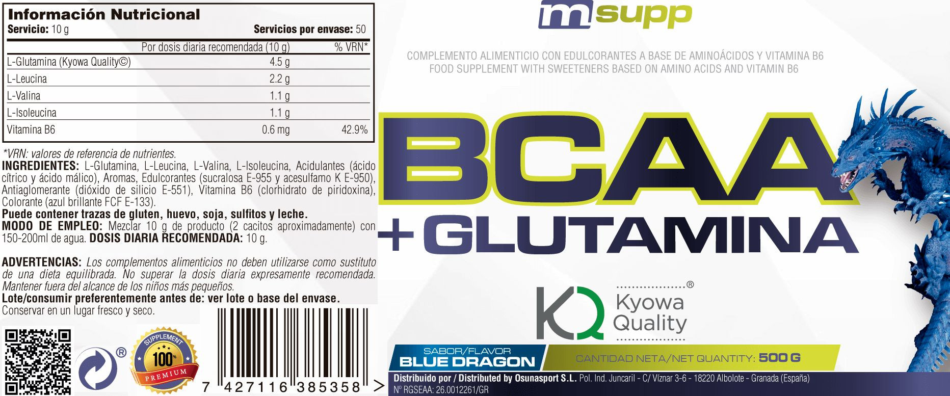 L-glutamina Kyowa + Bcaa - 500g De Mm Supplements Sabor Blue Dragon