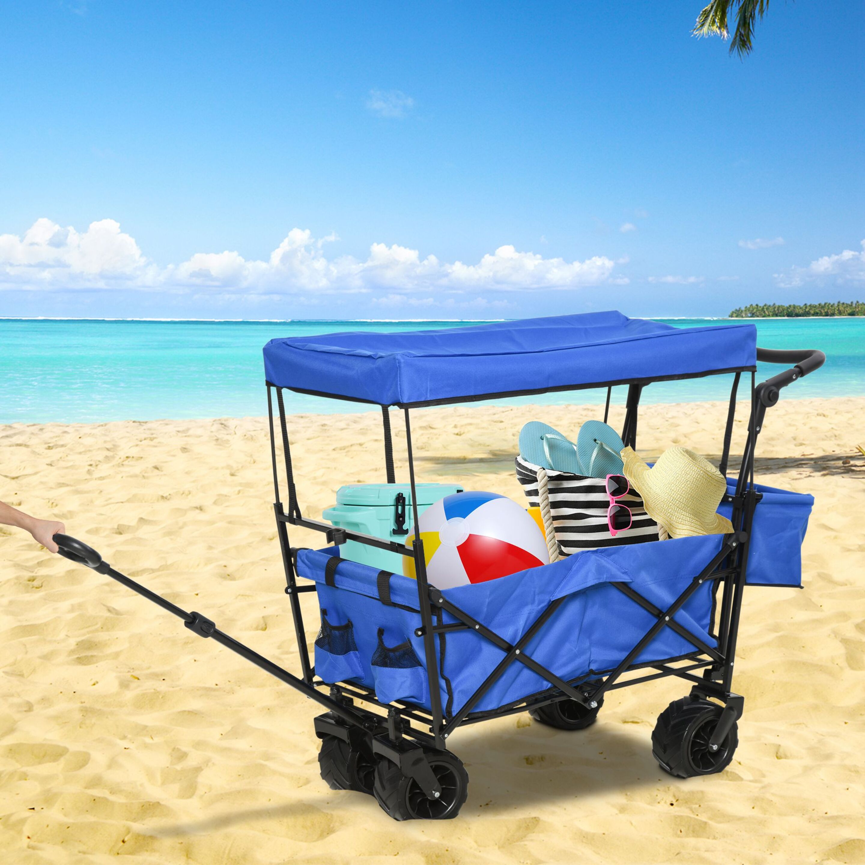Durhand Carro Plegable Para Playa Toldo Manillar Telescópico 110x56x101cm Azul