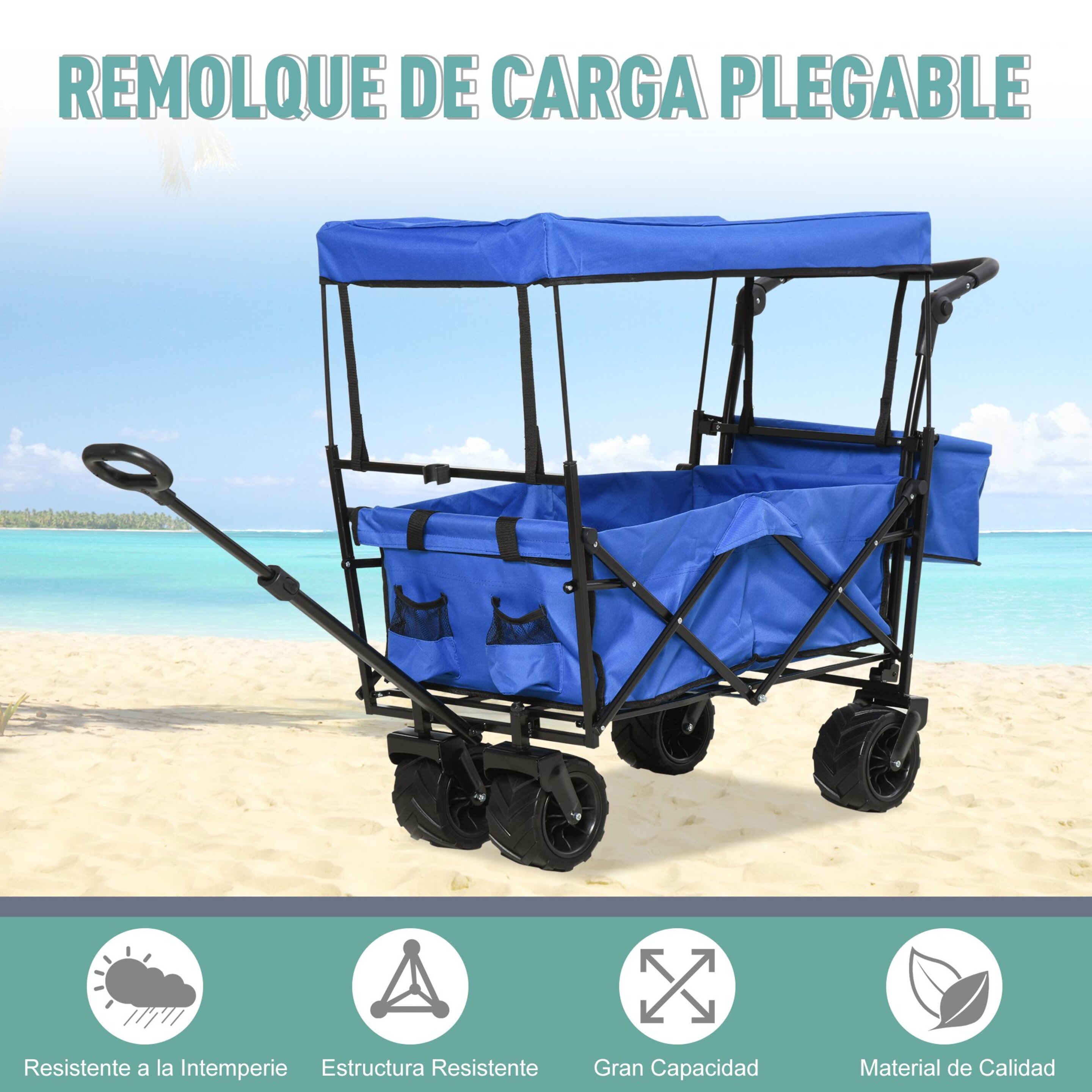 Durhand Carro Plegable Para Playa Toldo Manillar Telescópico 110x56x101cm Azul