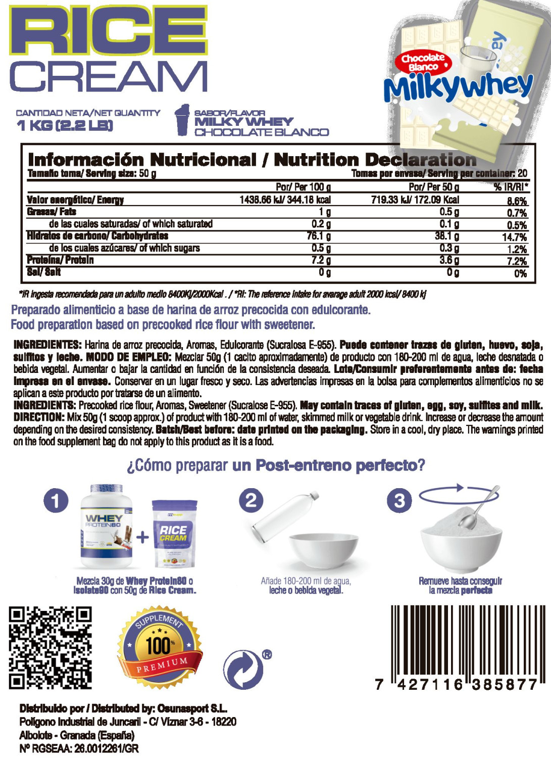 Rice Cream (crema De Arroz Precocida) - 1kg De Mm Supplements Sabor Chocolate Blanco Milky Whey