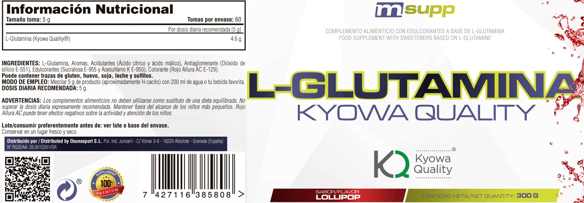 Glutamina Kyowa - 300g De Mm Supplements Sabor Lollipop  MKP