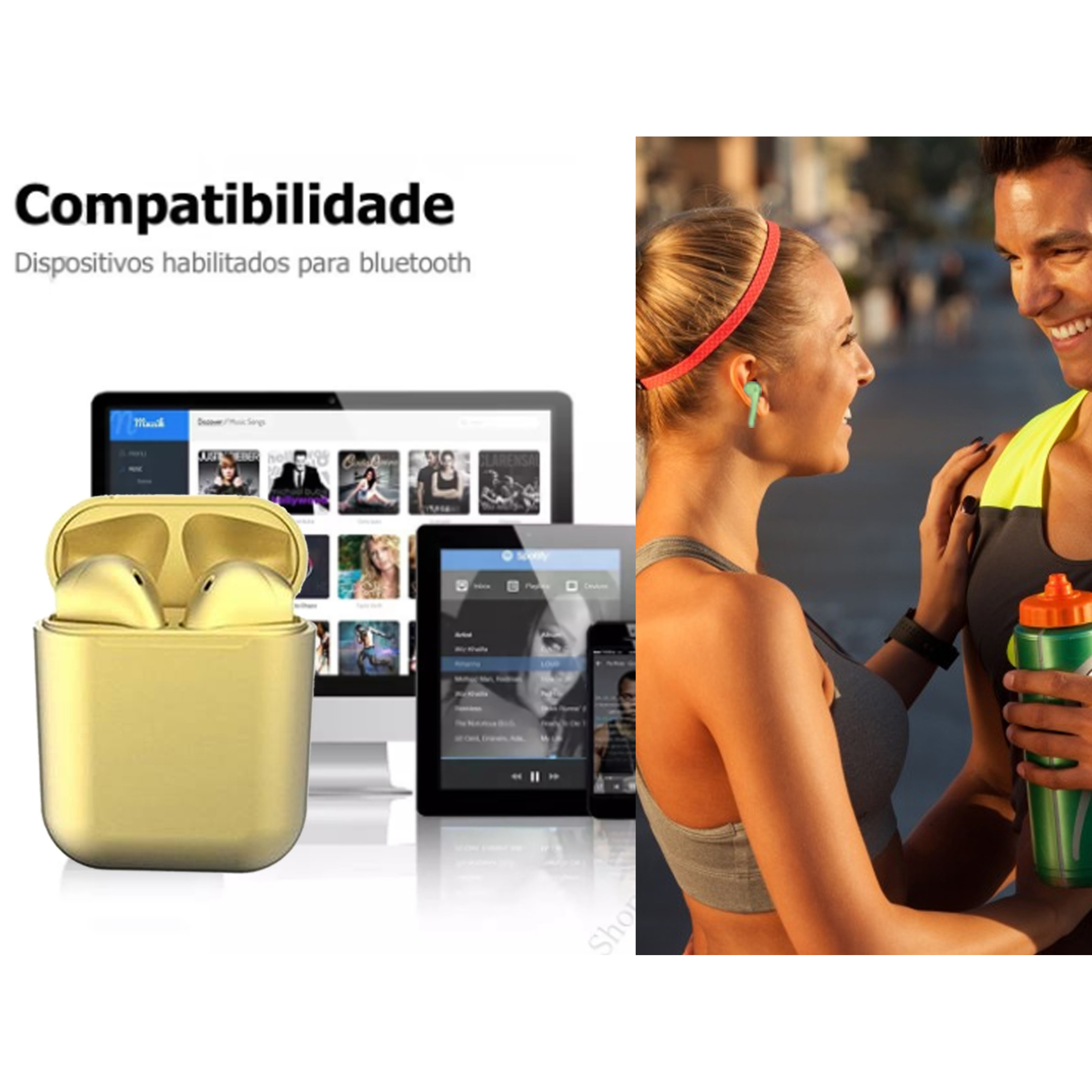 Auriculares Bluetooth Inalámbricos Tws 5.0 Universal Ios E Android + Capa Klack Amarelo Metalizado