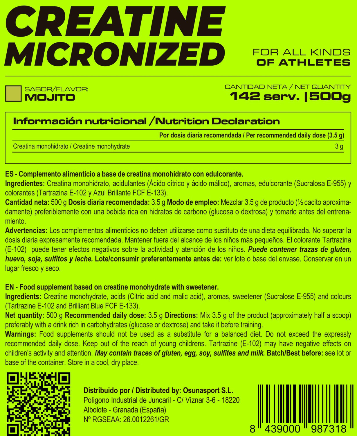 Creatina Micronizada 200 Mesh - 500g De Masmusculo Fit Line Sabor Mojito