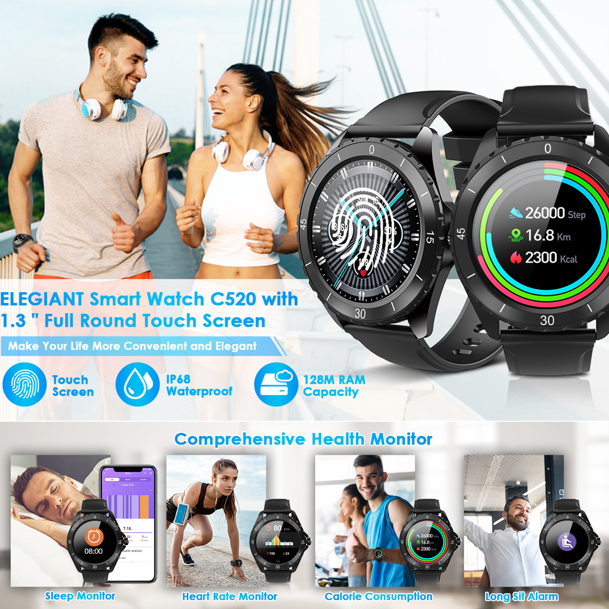 Smartwatch Desportivo Relógio Digital Elegiant C520 (preto - Monitor Saúde)