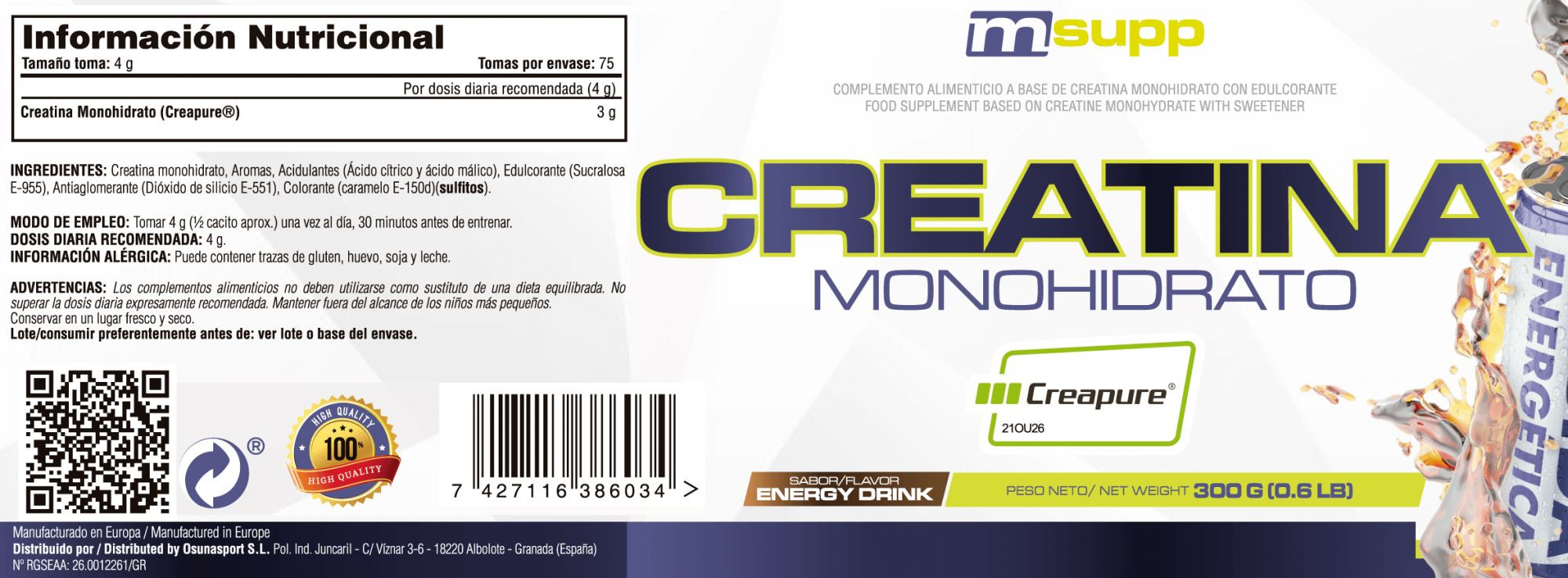 Creatina (Creapure®) - 300g De Mm Supplements Sabor Bebida Energetica  MKP