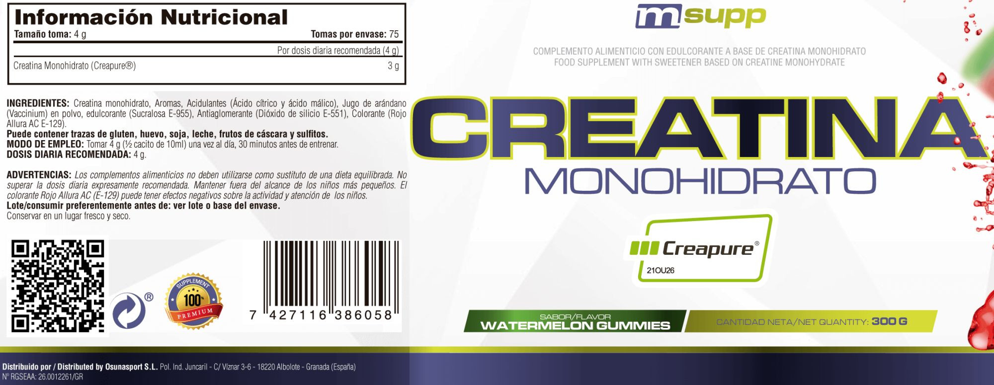 Creatina (Creapure®) - 300g De Mm Supplements Sabor Sandias De Gominola  MKP