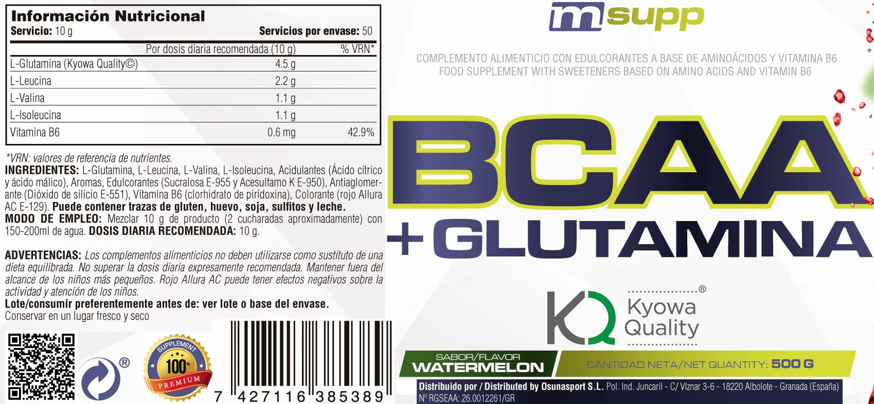 L-glutamina Kyowa + Bcaa - 500g De Mm Supplements Sabor Sandias De Gominola