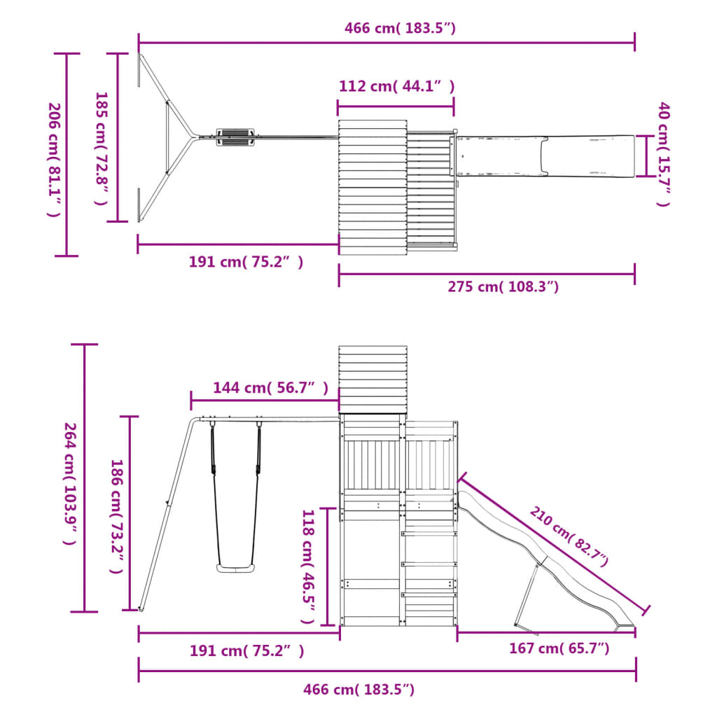 Conjunto De Balanço E Escorregador Vidaxl Para Exterior 466 X 206 X 264 Cm