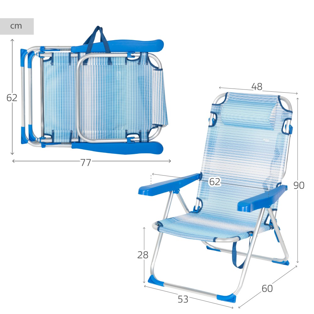 Cadeira De Praia Dobrável E Reclinável Aktive Listras Azuis C/almofada E Alça De Ombro