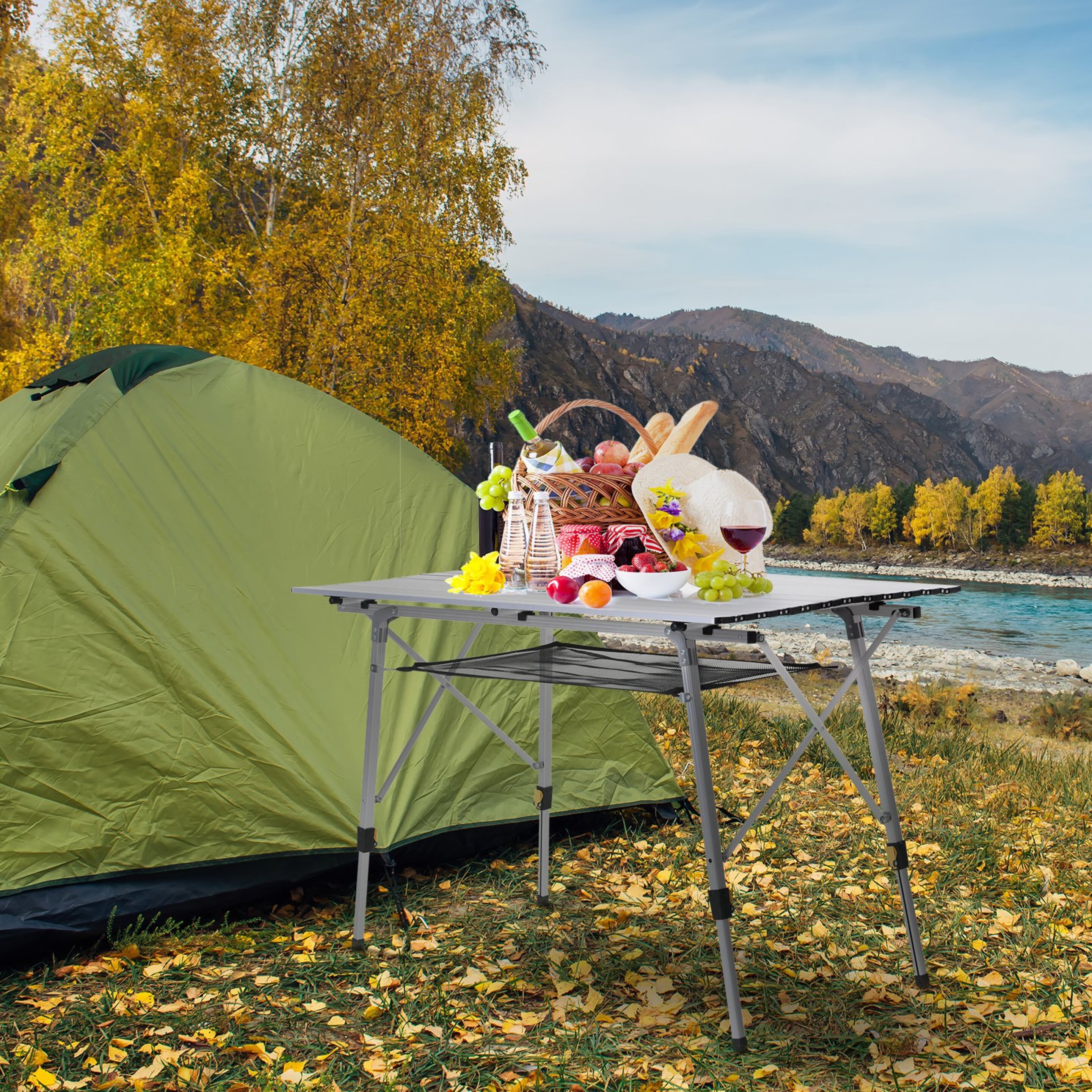 Outsunny Mesa Plegable Camping Mesa De Picnic Aluminio Regulable 4 Personas 120x70x58-73cm