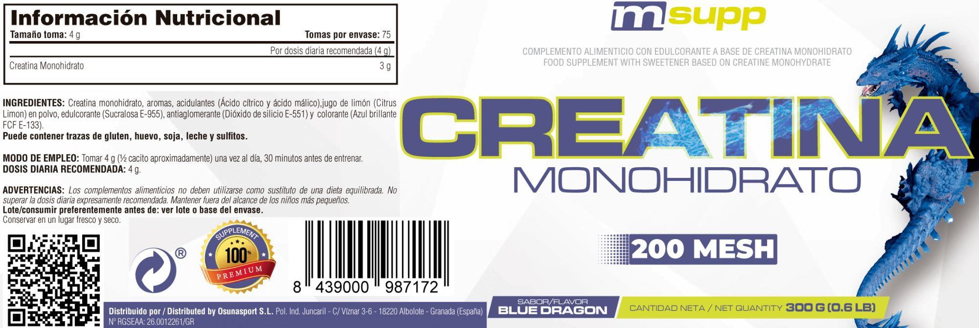 Creatina 200 Mesh - 300g De Mm Supplements Sabor Blue Dragon  MKP