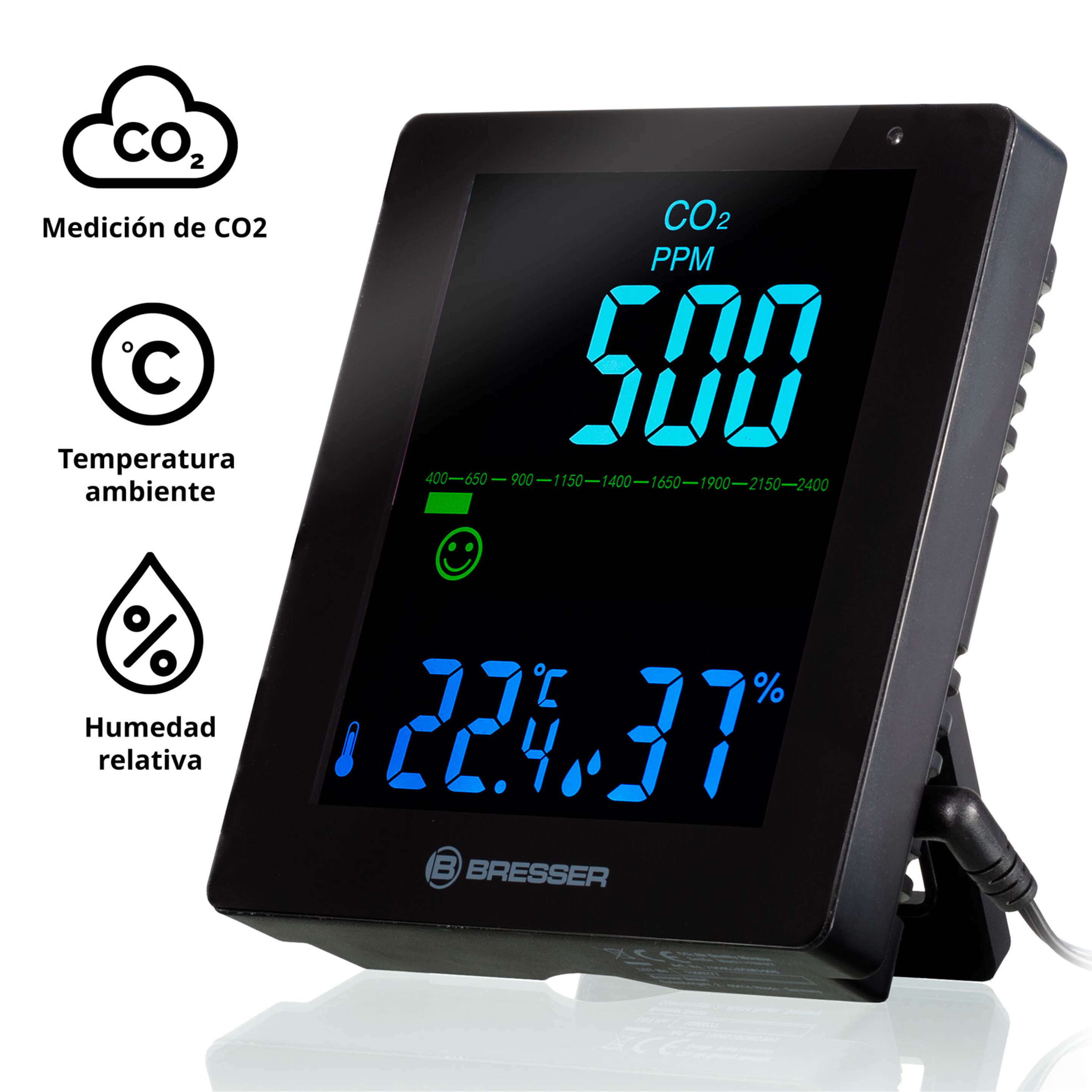 Medidor Detector De Concentración De Co2 Modelo Smile Para Asegurar Una Correcta Calidad Del Aire - negro - 